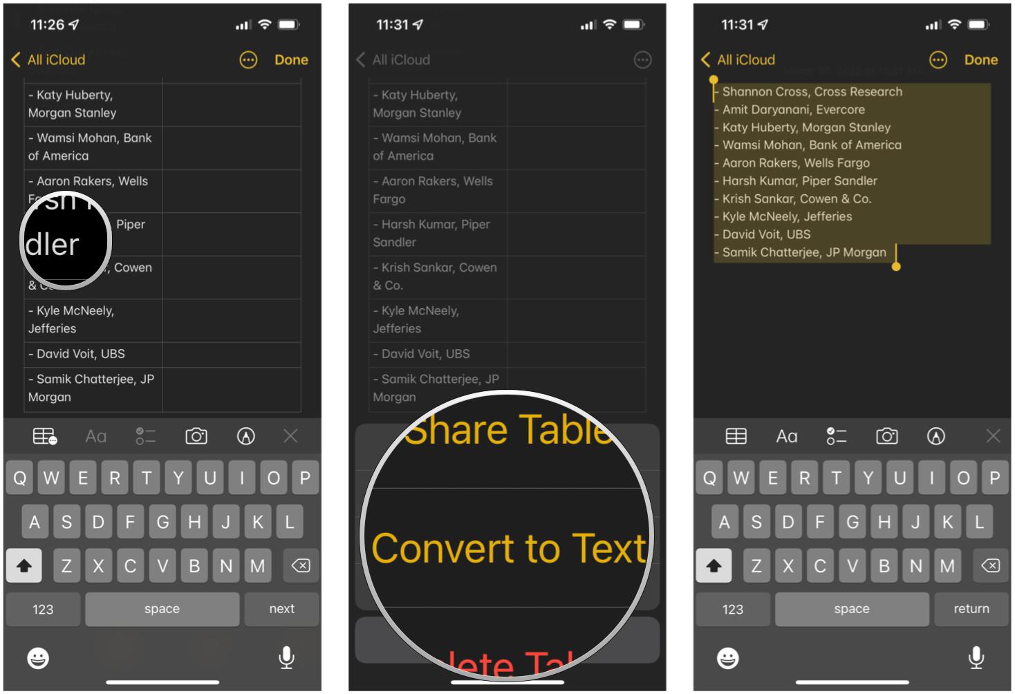 Convert table to plain text in Notes on iPhone: Launch Notes, tap note with table, tap in the table, tap the Table button, select Convert to Text
