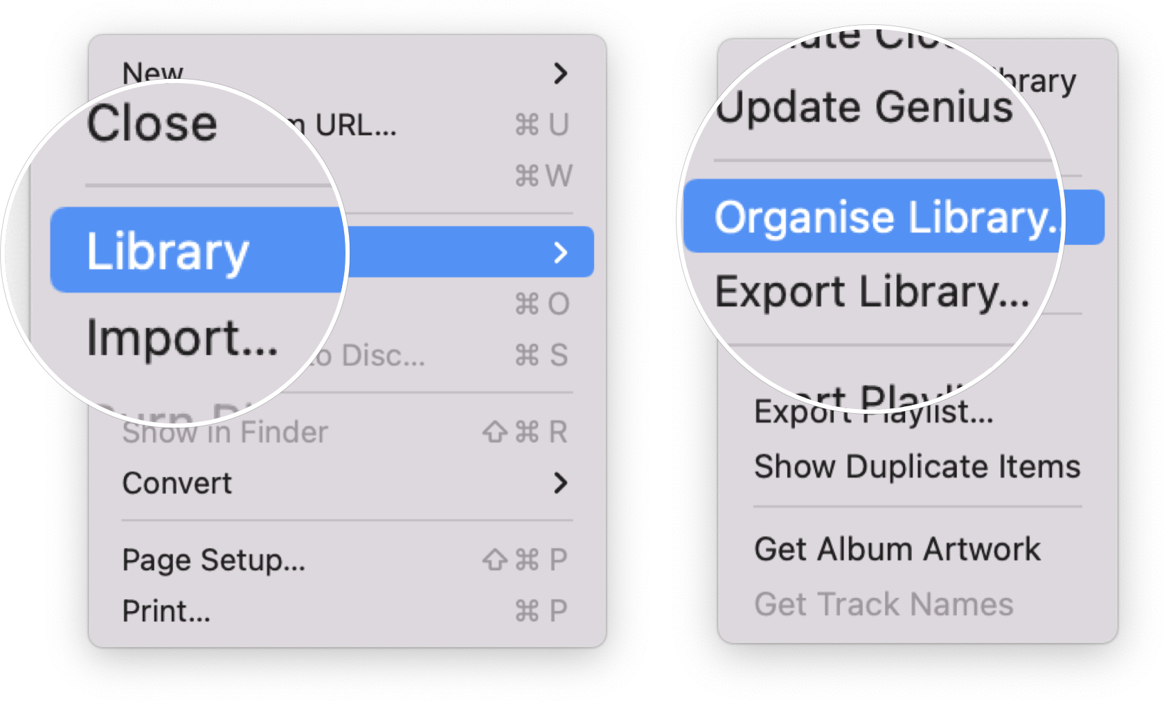 Consolidate your music library by showing: Hover over the Library under File, click Organize Library