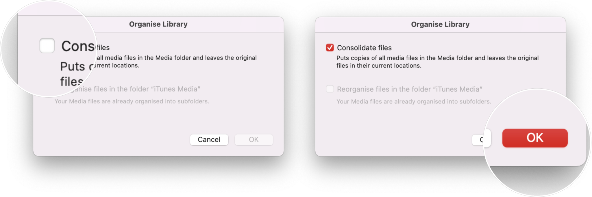 Consolidate your music library by showing: Check the box for Consolidate Files, click OK