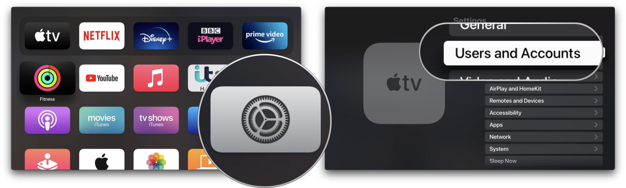 Enable One Home Screen on Apple TV: Open Settings, click Users and Accounts