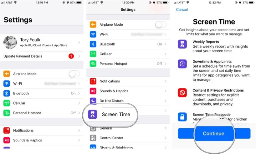 To set up Screen Time for your child directly on a device, launch the Settings app, then tap Screen Time, followed by Continue.