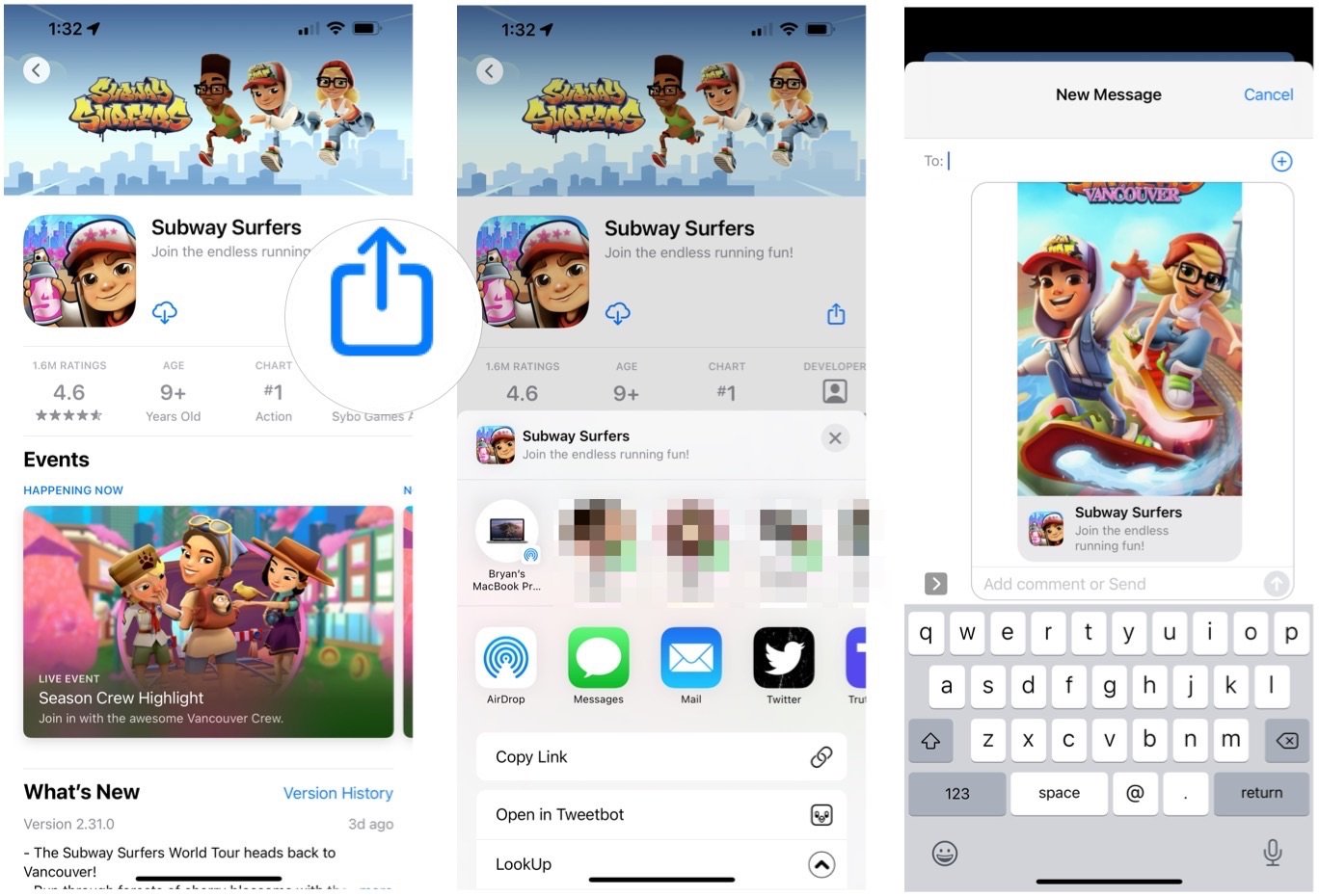 To share content from the App Store, launch the Store, then find the app you wish to share. Tap the share button, then tap a sharing option from the share sheet.
