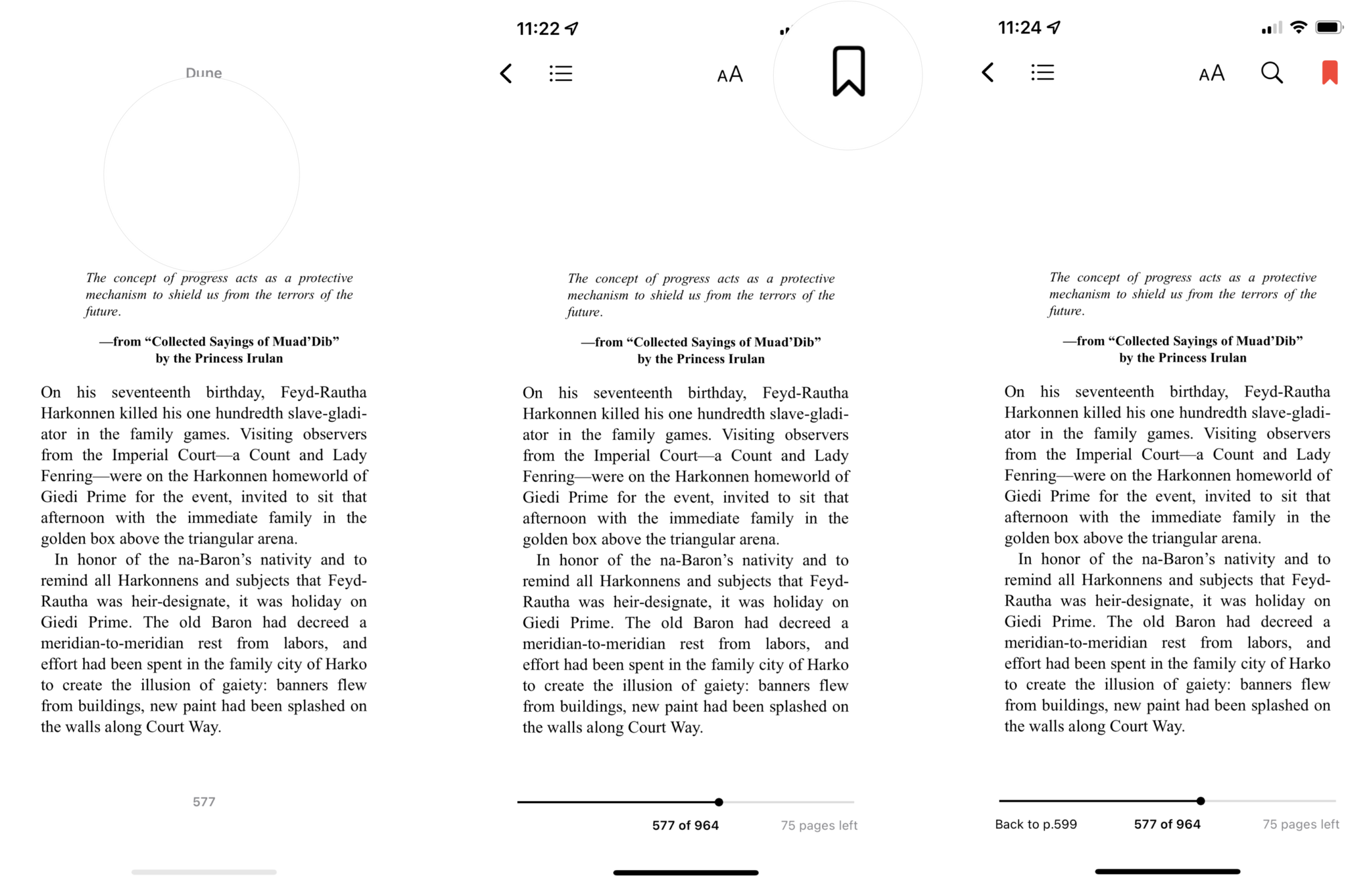 How to set a bookmark in Apple Books: tap a blank part of the page to bring up the controls, tap the Bookmark icon