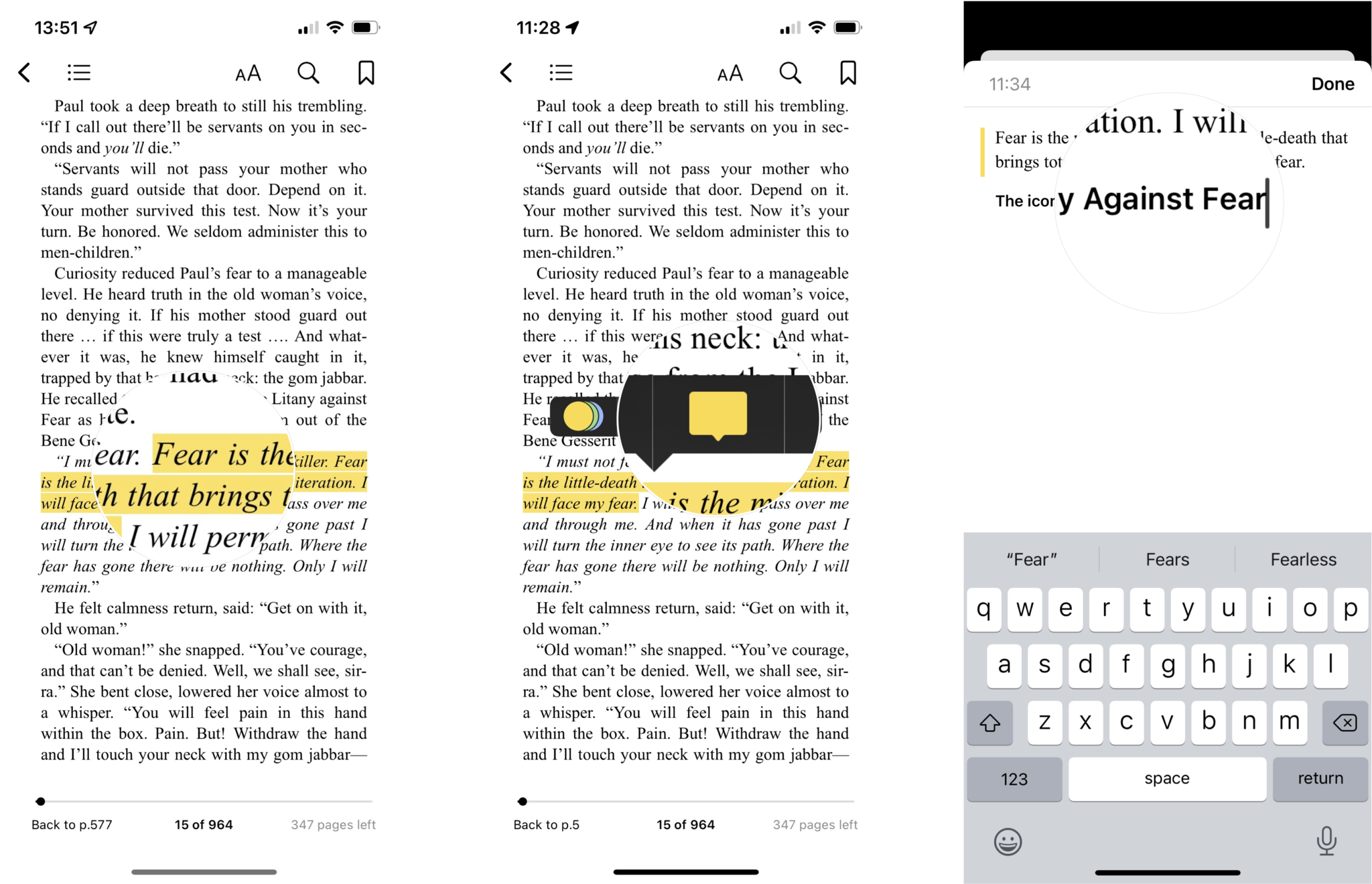 How to add a note to a highlight in Apple Books: Tap the highlighted text, tap the note button, enter your text and hit Done. 