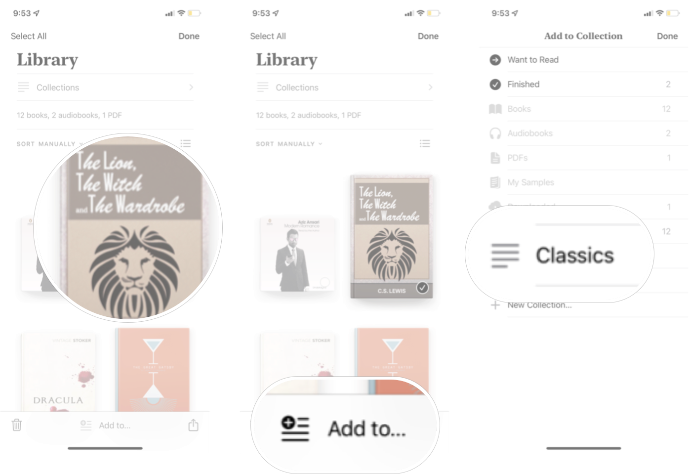 Adding Books To Collections In iOS 15: Tap the books you want, tap add to, and then ta the collection you want.