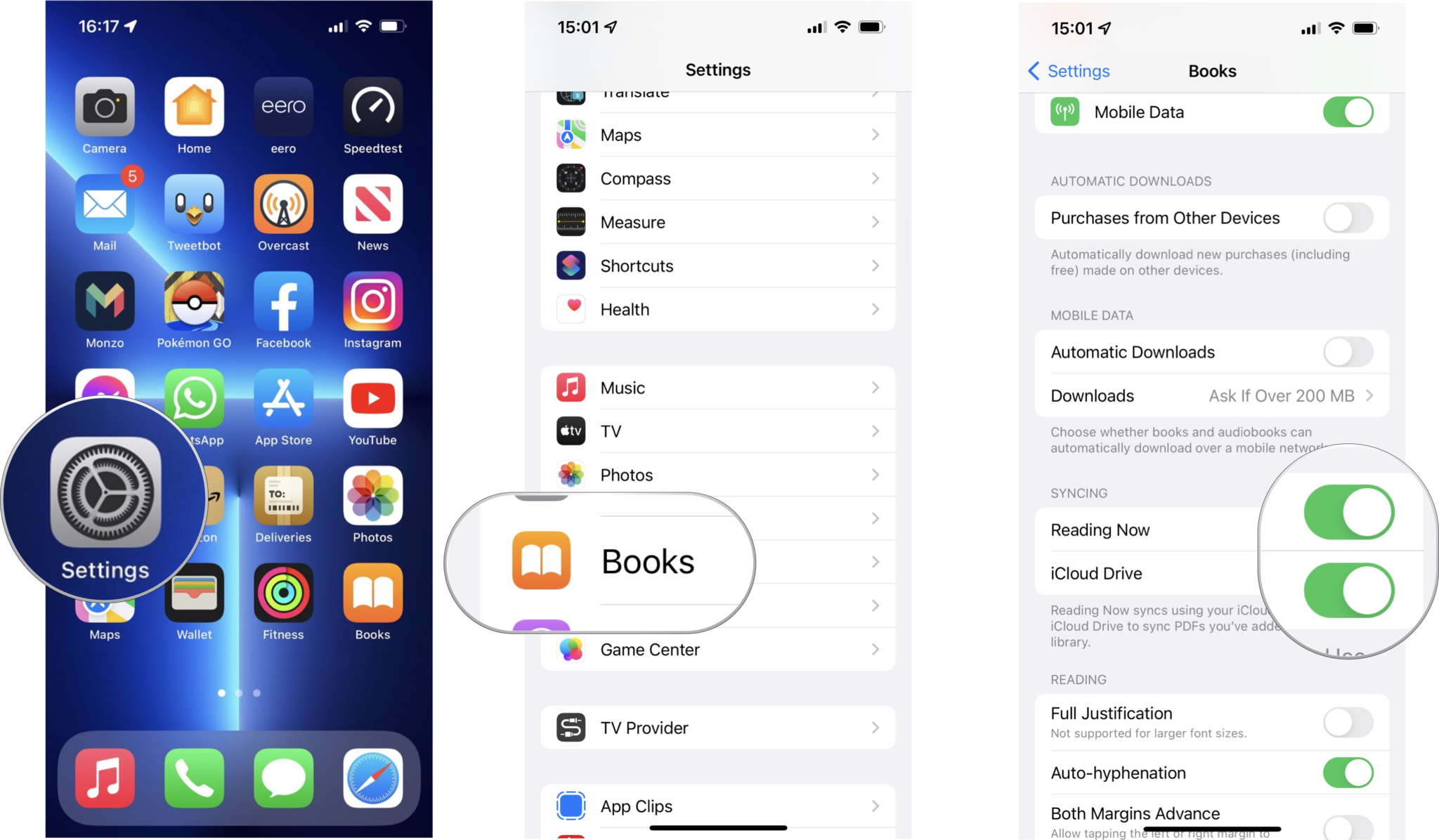 Apple Books Syncing: Tap Settings, tap Books, toggle both Reading Now and iCloud Drive to On