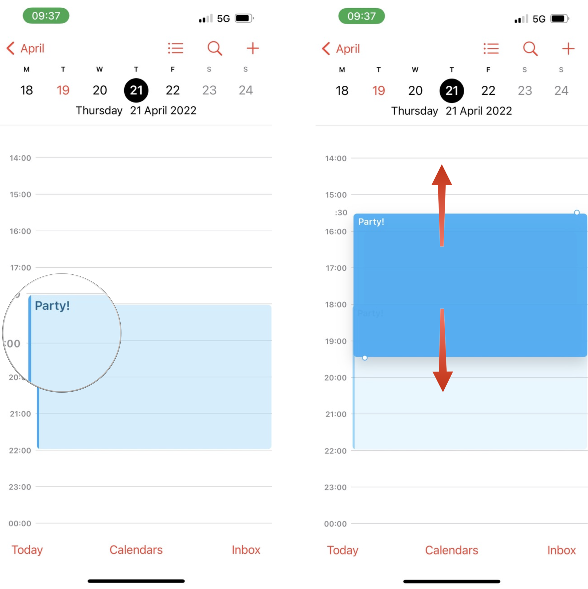How to move a calendar event or appointment with drag and drop: Tap and hold the calender event, move it up and down, release it at the correct time