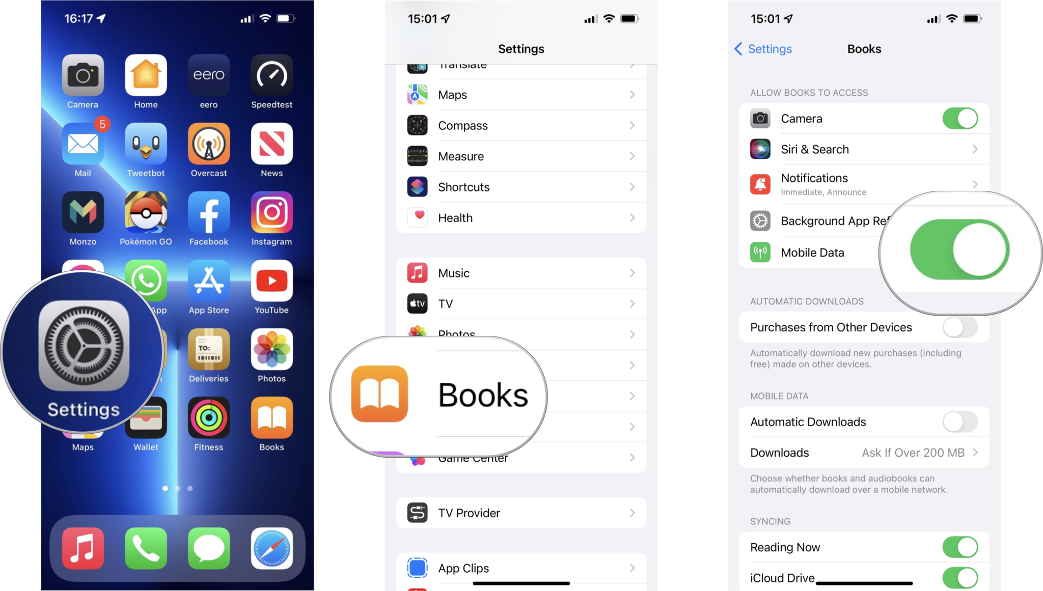 How to fix Apple Books download issues: Tap Settings, tap Books, Turn on Cellular Data