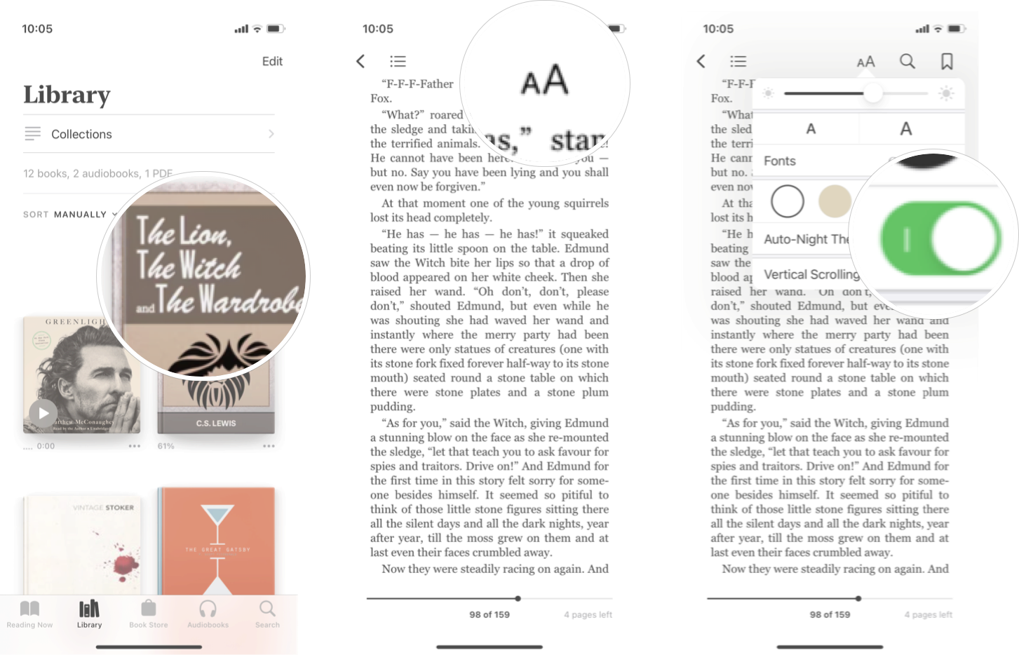 Change Auto Night Feature In Books In iOS 15: Launch the books app, tap the book you want, tap the appearance button, and then tap the auto-night on/off switch.