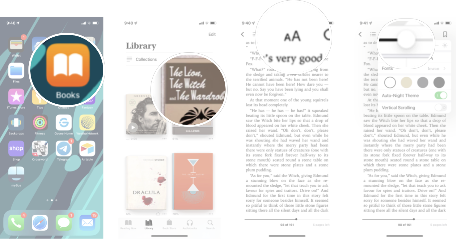 Change Brightness In Books In iOS 15: Launch Books, tap the book yo uwant, tap the appearan e button, and then tap, hold, and drag the slider to your desired position