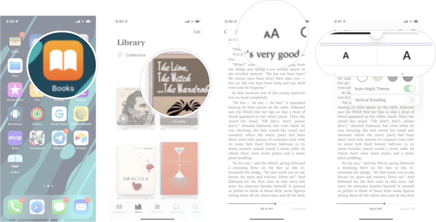 Change Font Size In Books In iOS 15: Launch the Books app, tap the book you want, tap the appearance button, and then tap the "A's" to make the the font size smaller or larger.