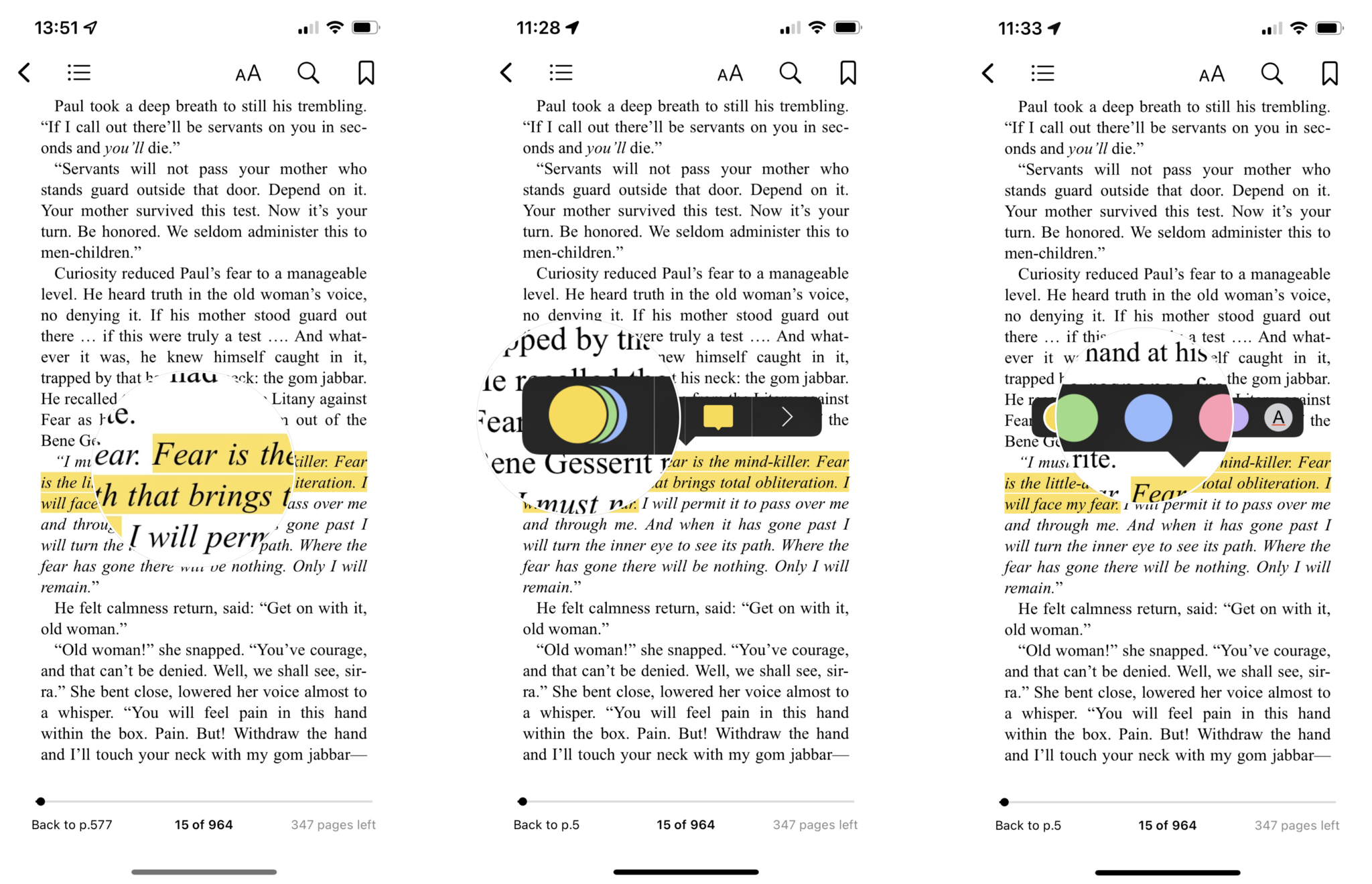 How to change the color of a highlight in Apple Books: Tap the highlighted text, tap the coloured circles, tap a color