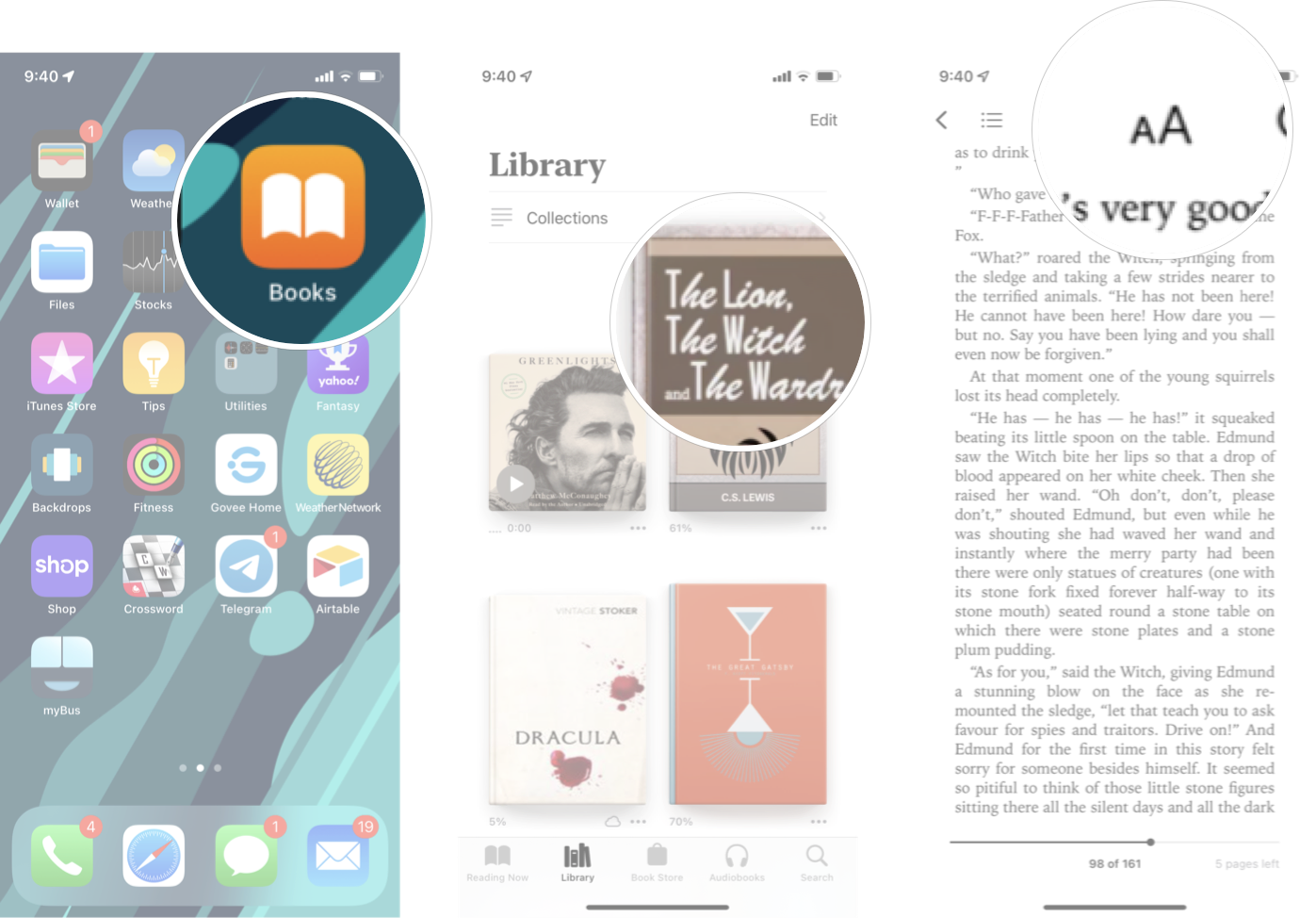 Changing Font In Books In iOS 15: Launch Book app, tap on the book you want, and then tap the appearance button.