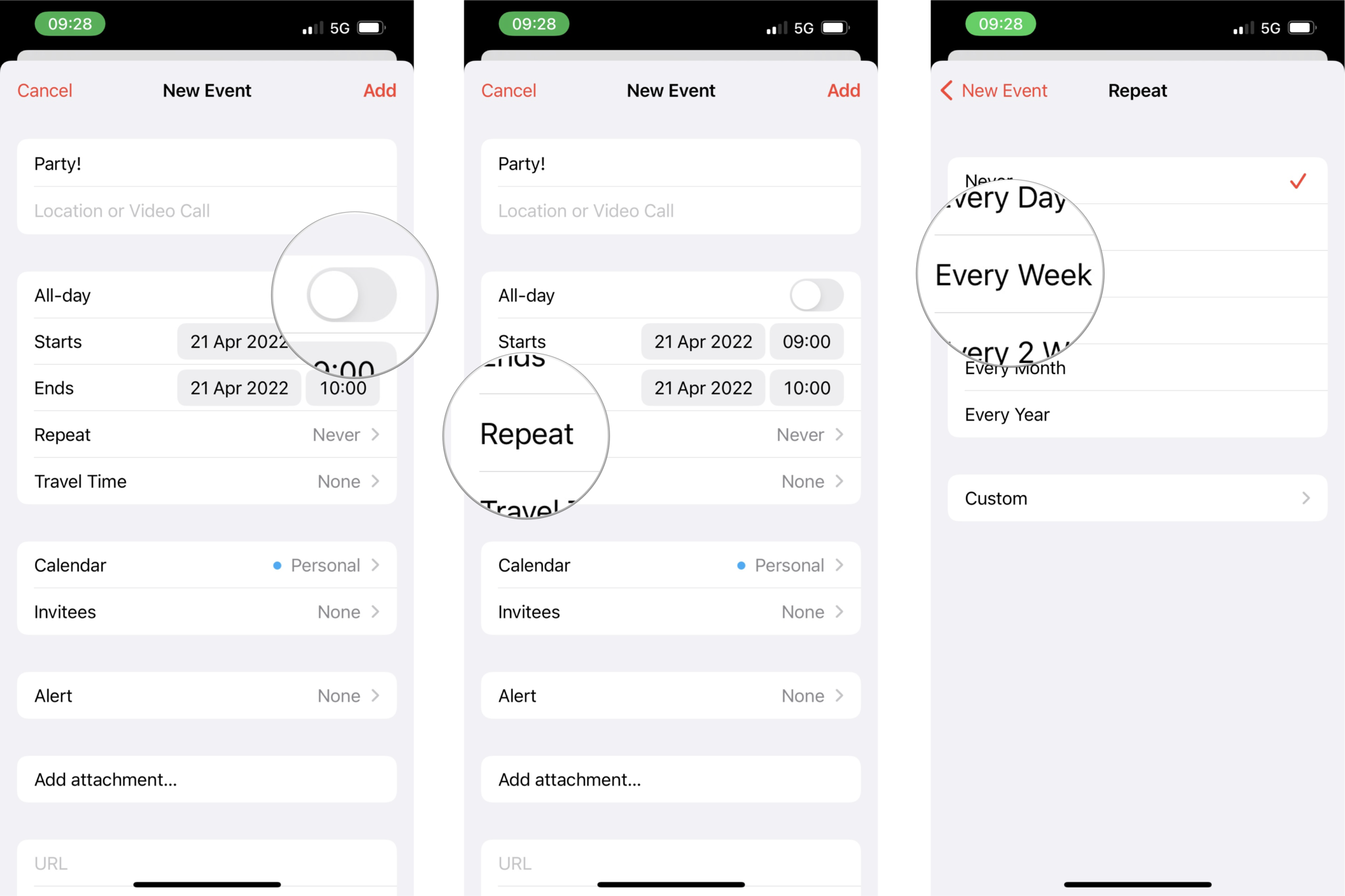 How to create a calendar event: If your event has a specific time, turn off All Day Event and set a time. If it repeats, tap Repeat and choose how often it repeats 