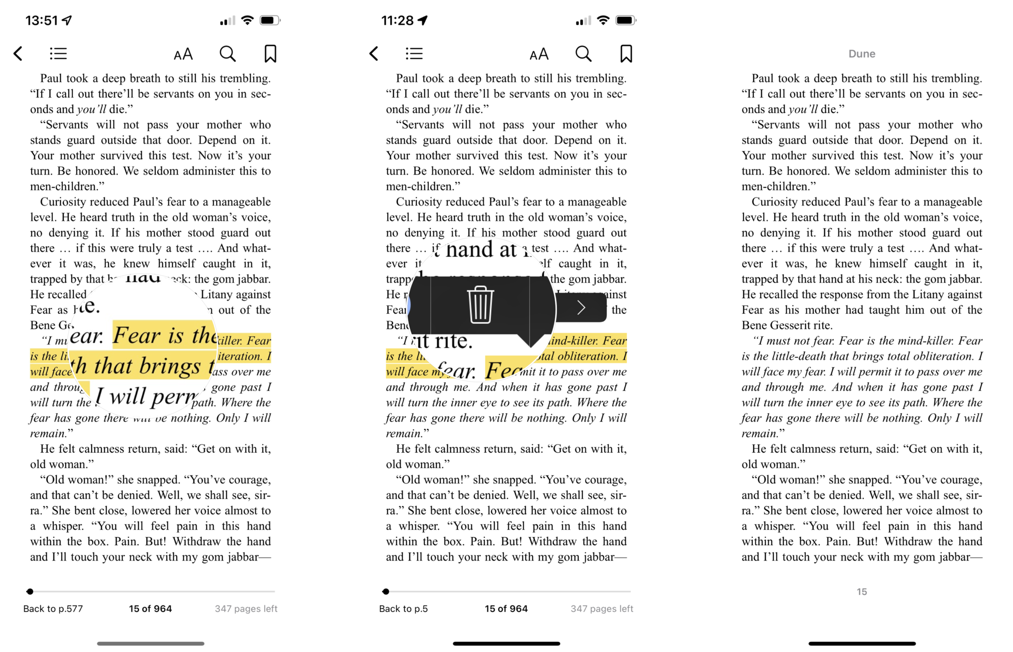How to remove a highlight in Apple Books: Tap the highlighted text, tap the trash icon