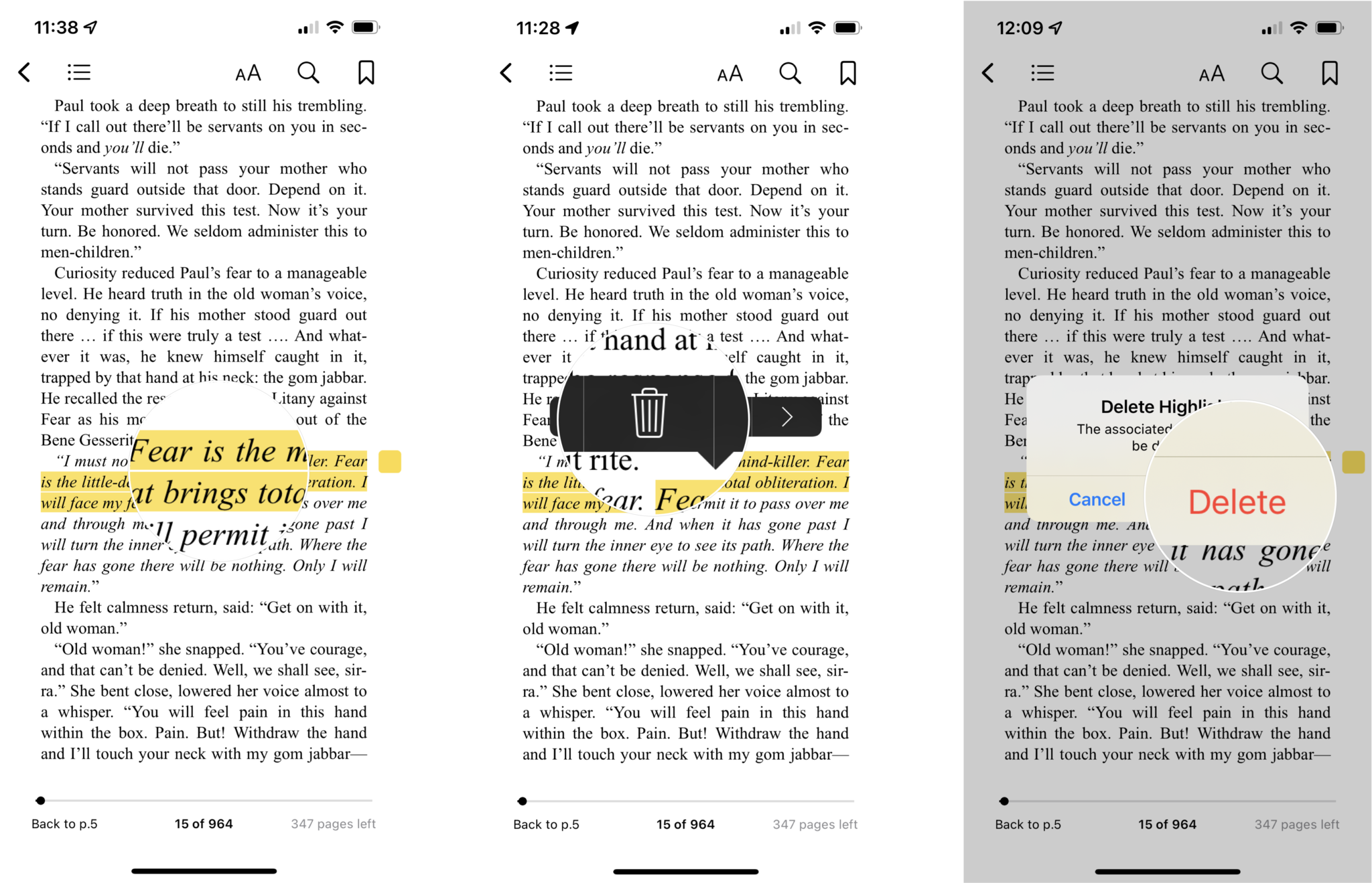 How to remove notes from a book in Apple Books: Tap the highlighted text, tap the trash icon, tap Delete