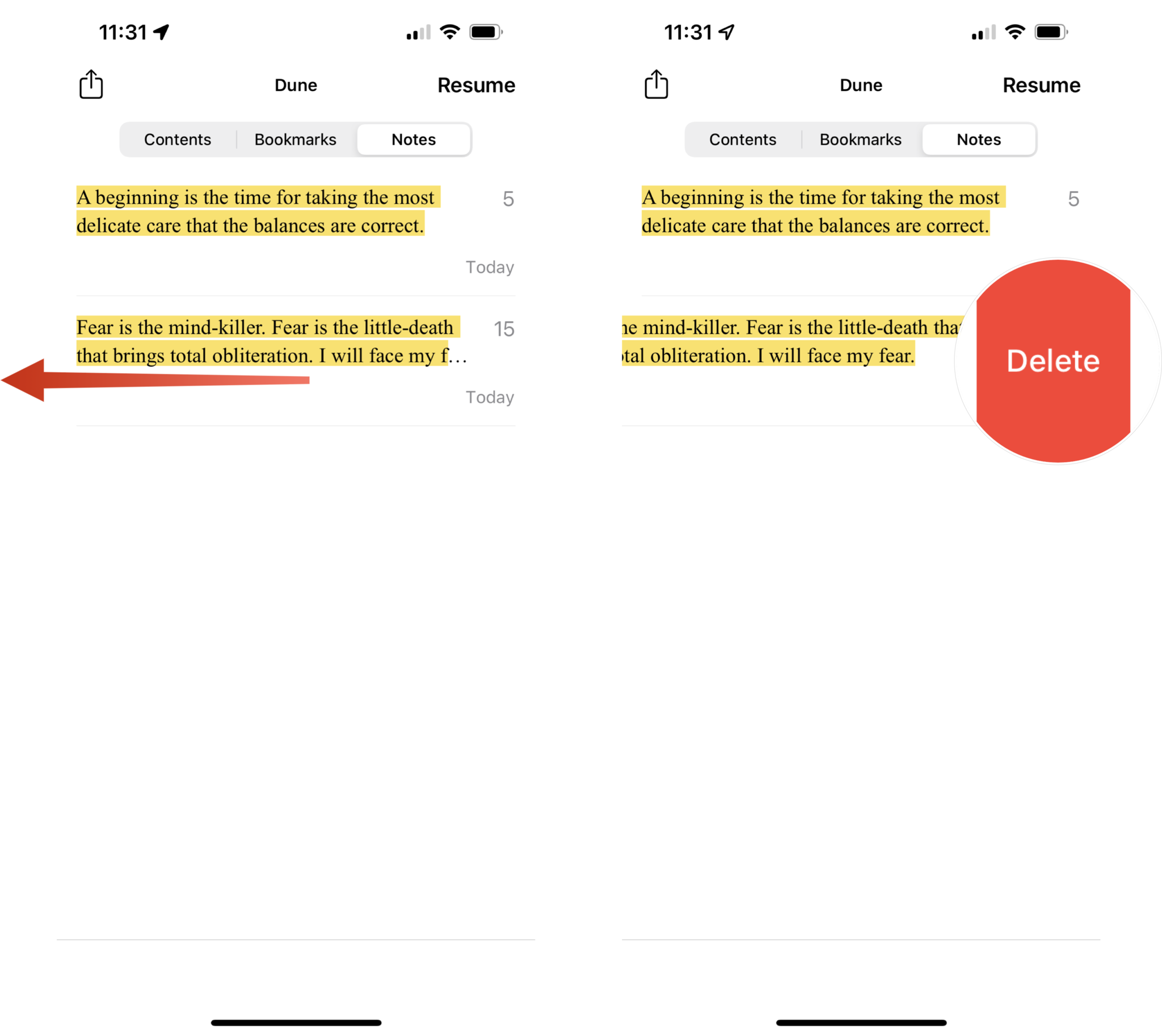 How to remove notes from a book in Apple Books: Swipe right to left on the note, tap Delete