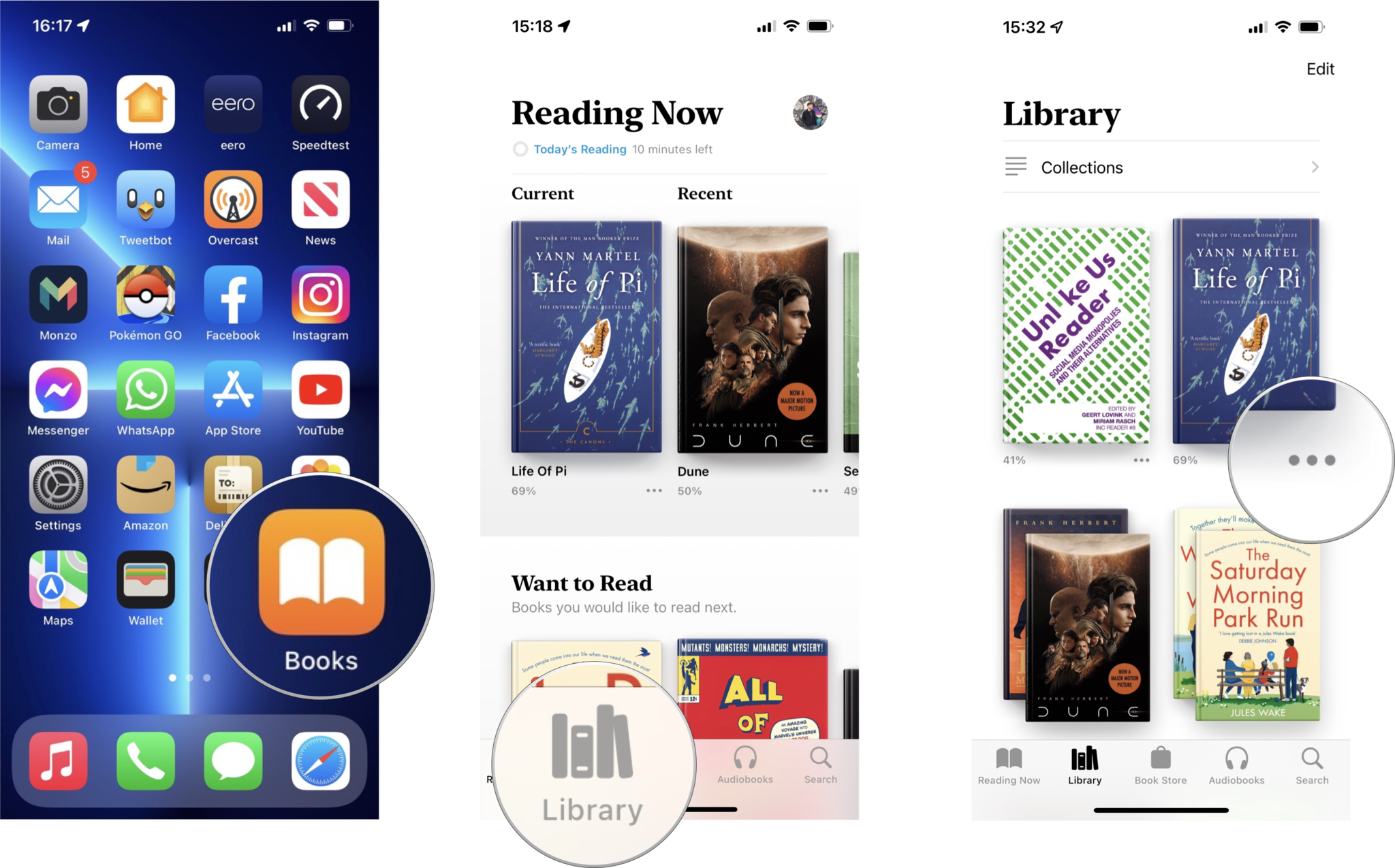 How to a delete book in Apple Books: Tap Books, tap on the Library tab, tap on the more button beneath the book's cover art