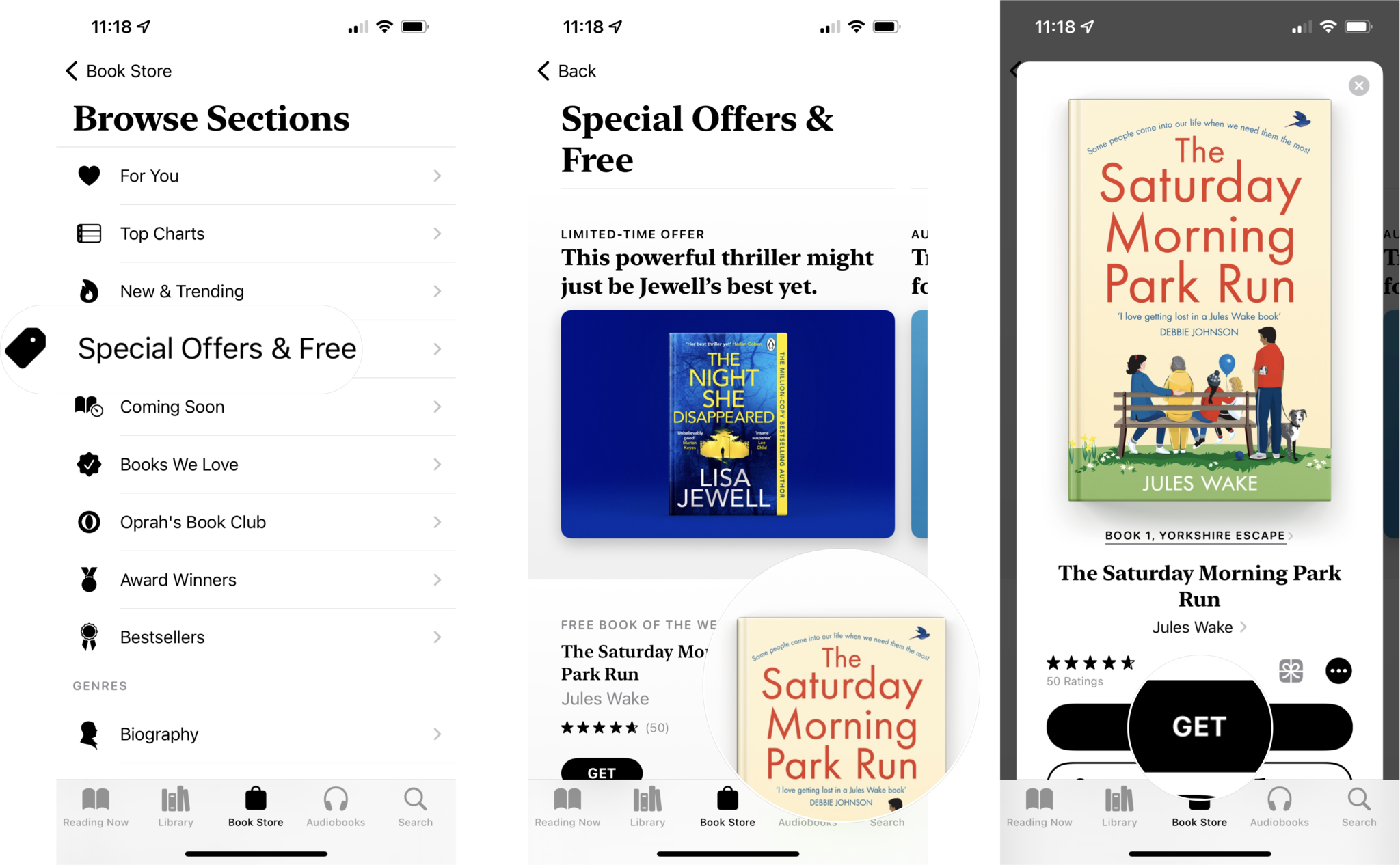 How to download a book from the Apple Book Store: Tap on a section to browse, tap on a book, tap Get if the book is free or Buy if the book has a cost