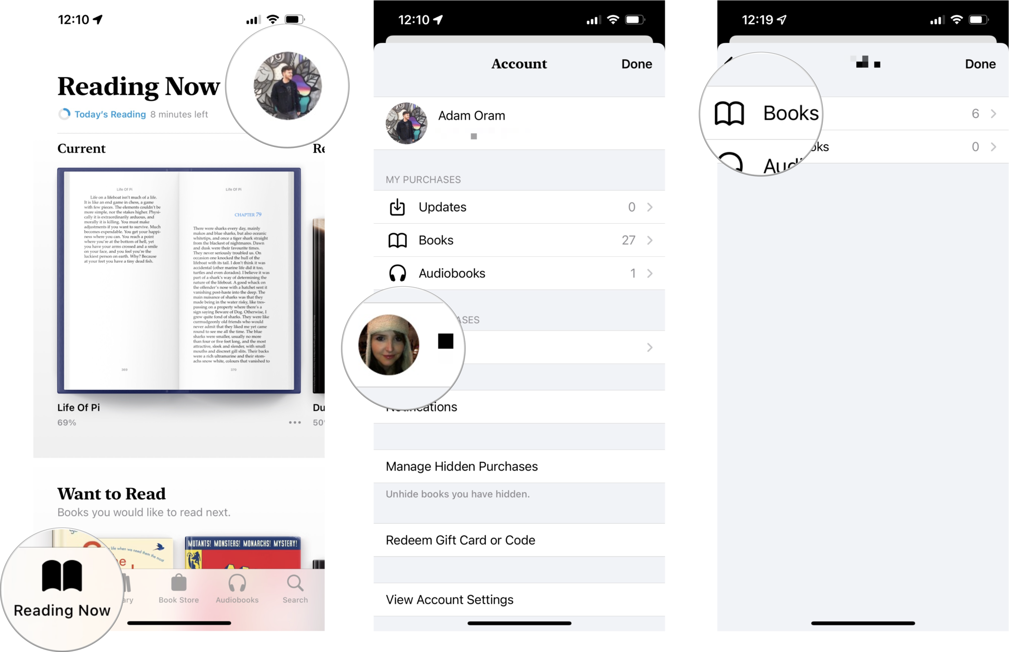 How to share a book in Apple Books with iCloud Family Sharing: In the Reading Now tab, tap you account icon, tap a family member, then tap Books