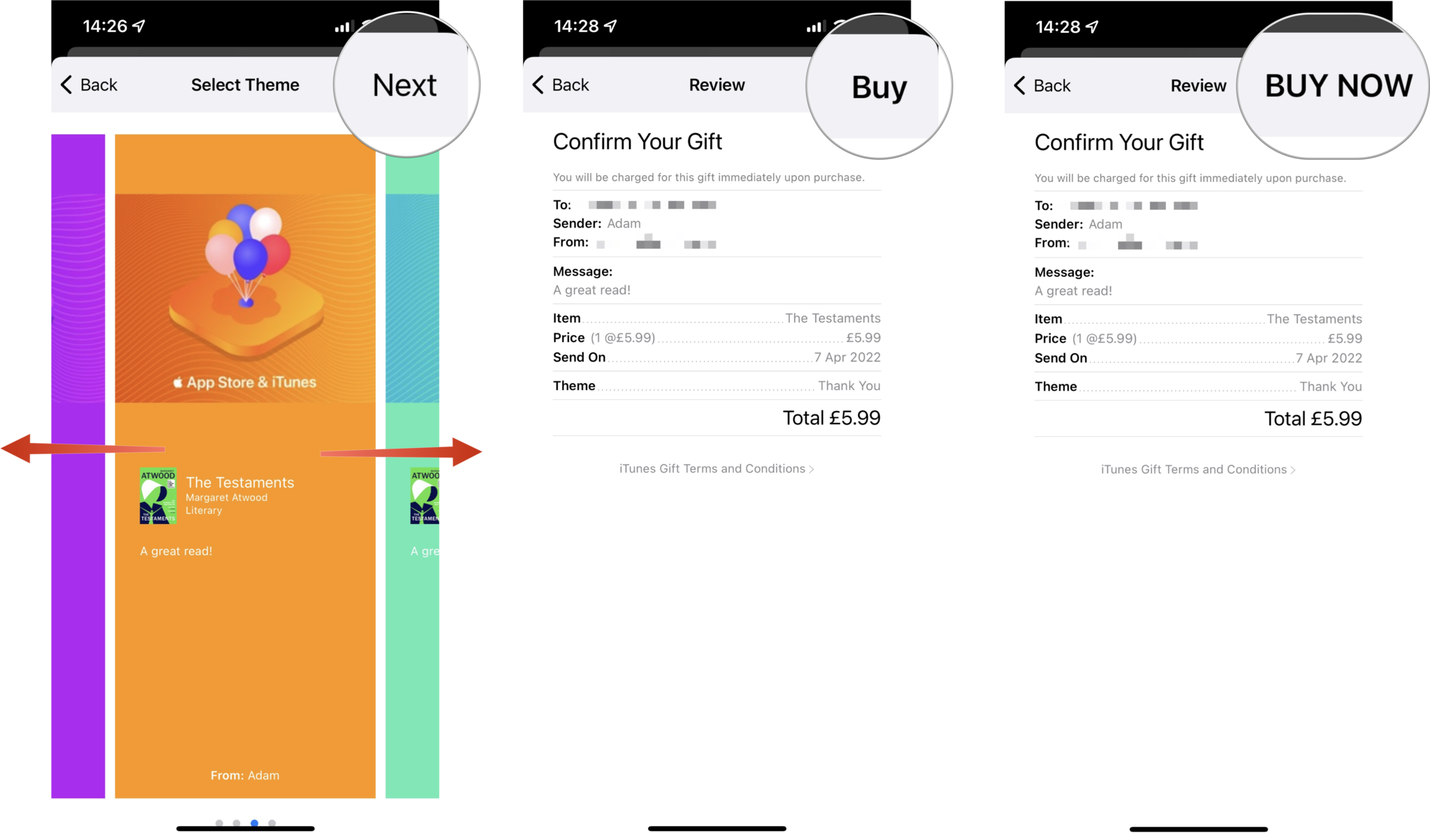 How to gift a book to someone else in Apple Books: Swipe to choose a Theme, tap Next, tap Buy, then tap Buy Now to confirm