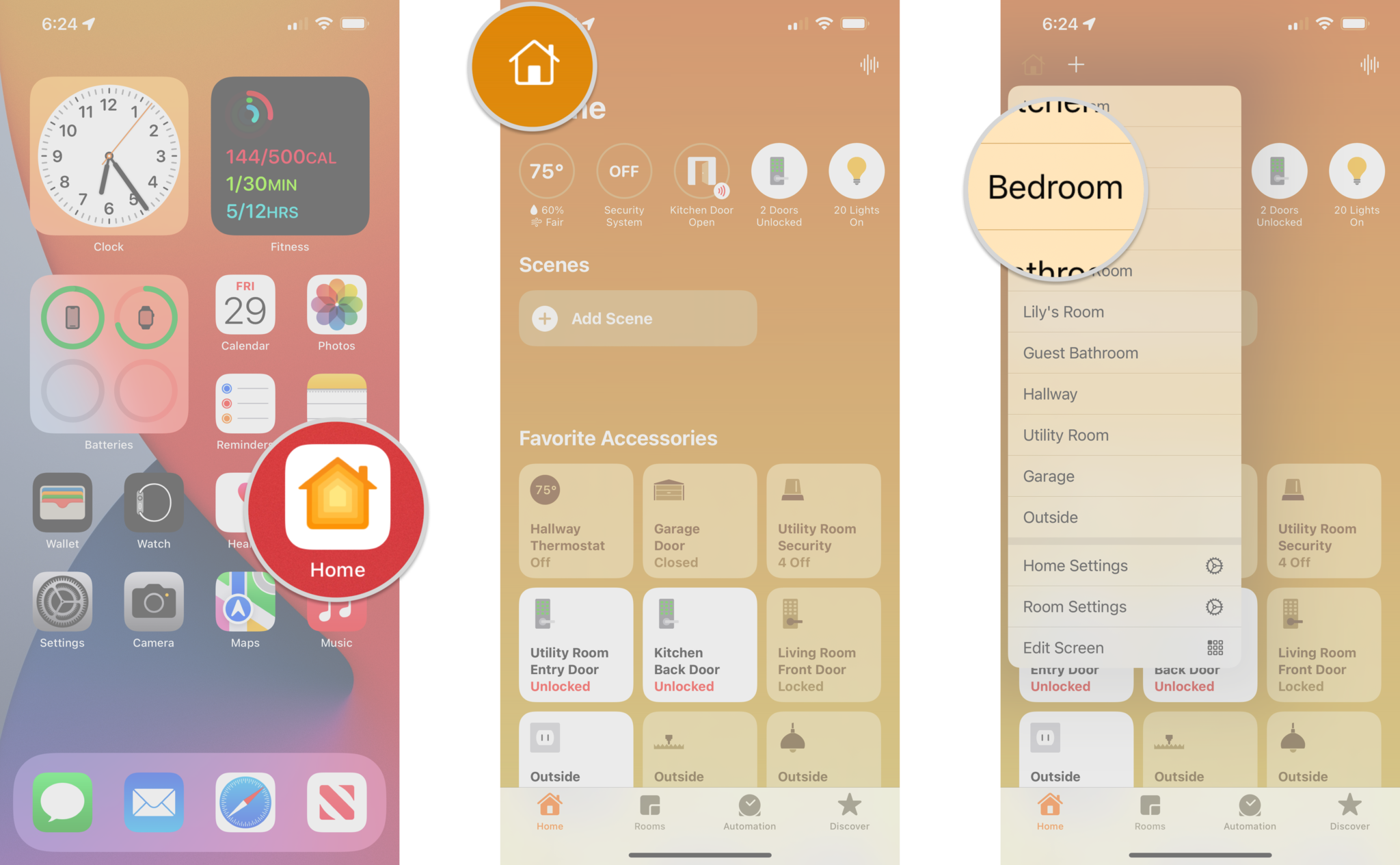 How to disable Adaptive Lighting with your HomeKit-enabled lights in the Home app on the iPhone by showing steps: Launch the Home app, Tap the House icon, Tap the name of the Room that your light is in.