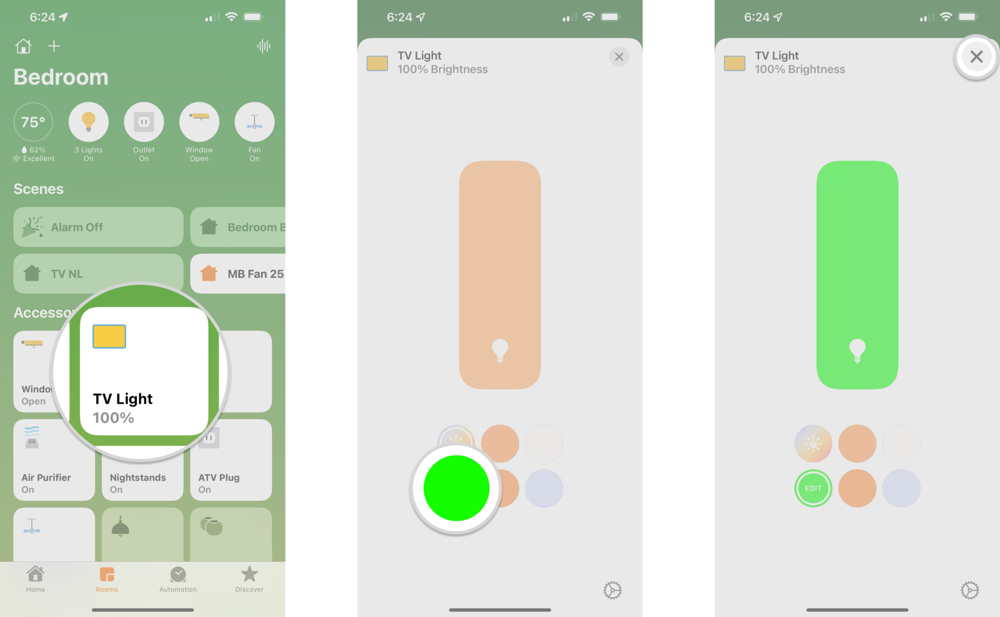 How to disable Adaptive Lighting with your HomeKit-enabled lights in the Home app on the iPhone by showing steps: Tap and hold on your Light, Tap another color option, Tap the X button to save.