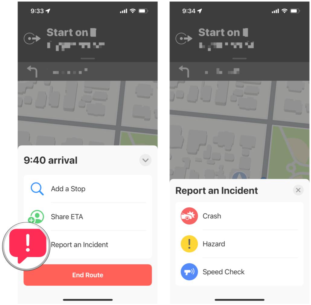 Report incident in Maps on iPhone: Tap the route card at the bottom, select Report an Incident, tap Accident, Hazard, or Speed Check