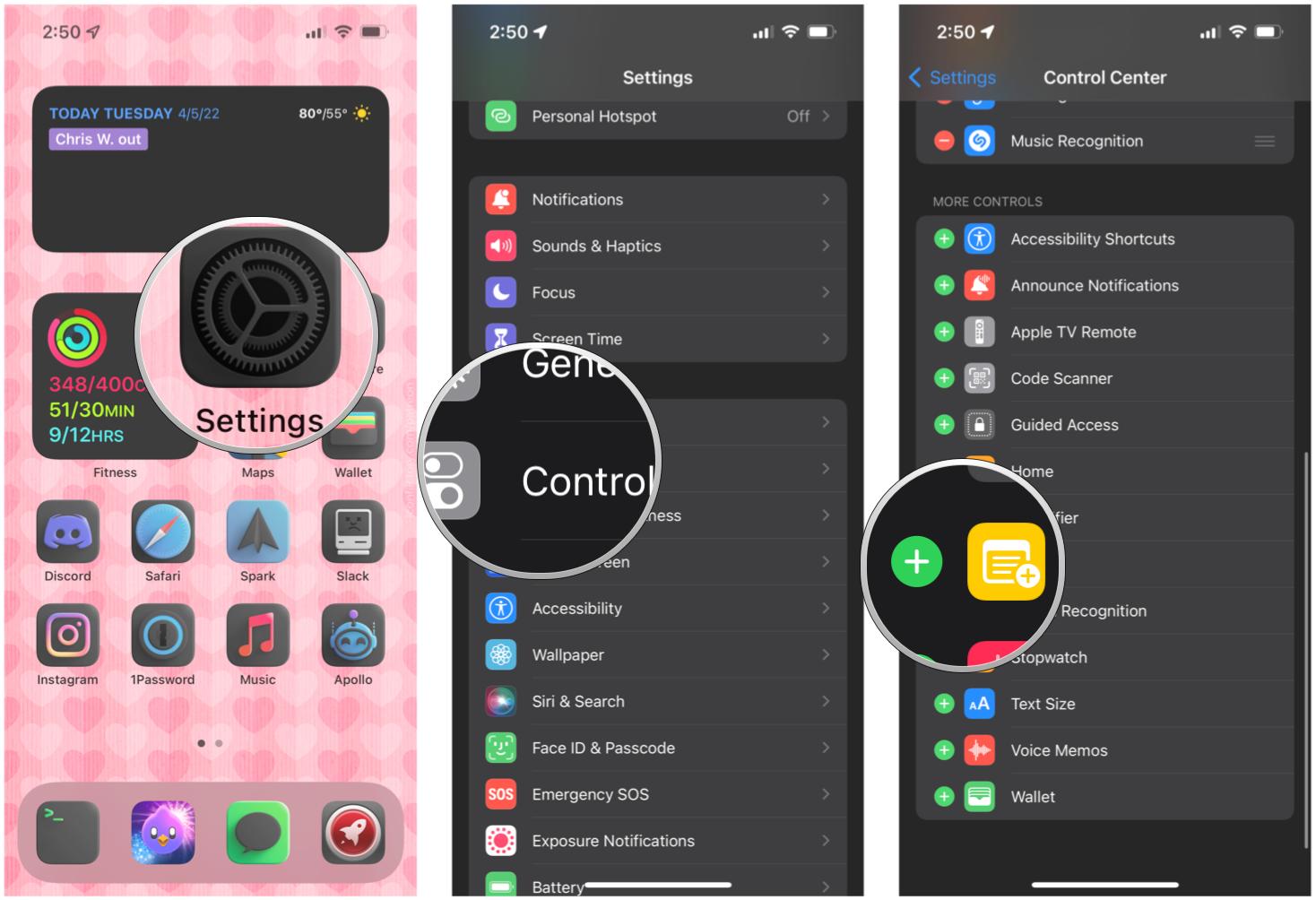 Enable Notes in Control Center on iPhone: Launch Settings, tap Control Center, tap green plus next to Notes icon