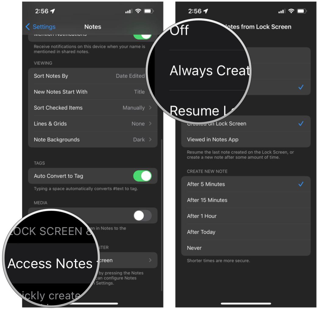 Enable Instant Notes from Lock Screen on iPhone: Tap Access Notes from Lock Screen, then select your options for what note to start with on the lock screen, and if resume last note, whether it was created on Lock Screen or Viewed in Notes app, and the time it takes before Instant Notes begins a new note