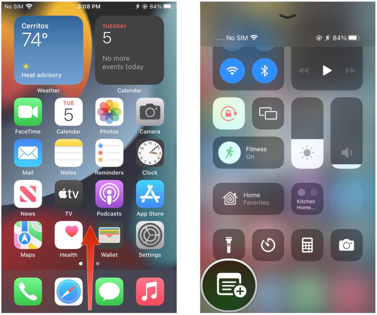 Access Instant Notes on iPhone with Home button: Swipe up from bottom of screen to invoke Control Center, then tap the Notes icon