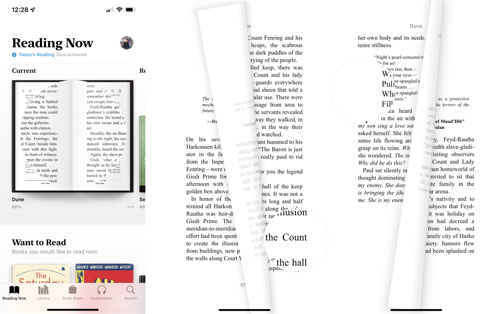 How to read a book in Apple Books: Tap a book to open it, tap the  right or left margin to navigate pages, or swipe