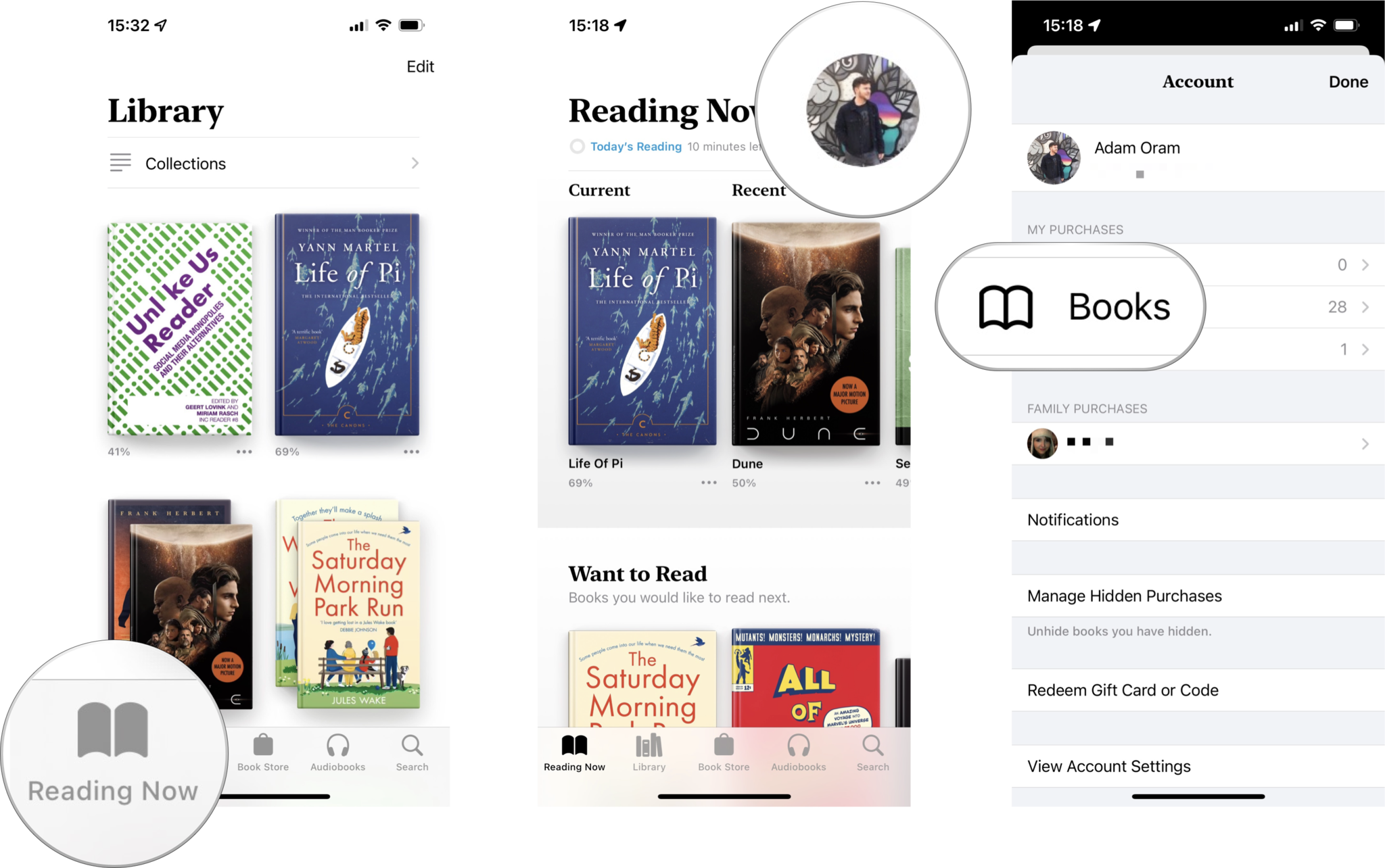 How to a re-download book in Apple Books: Tap on Reading Now, tap on your account, tap on Books