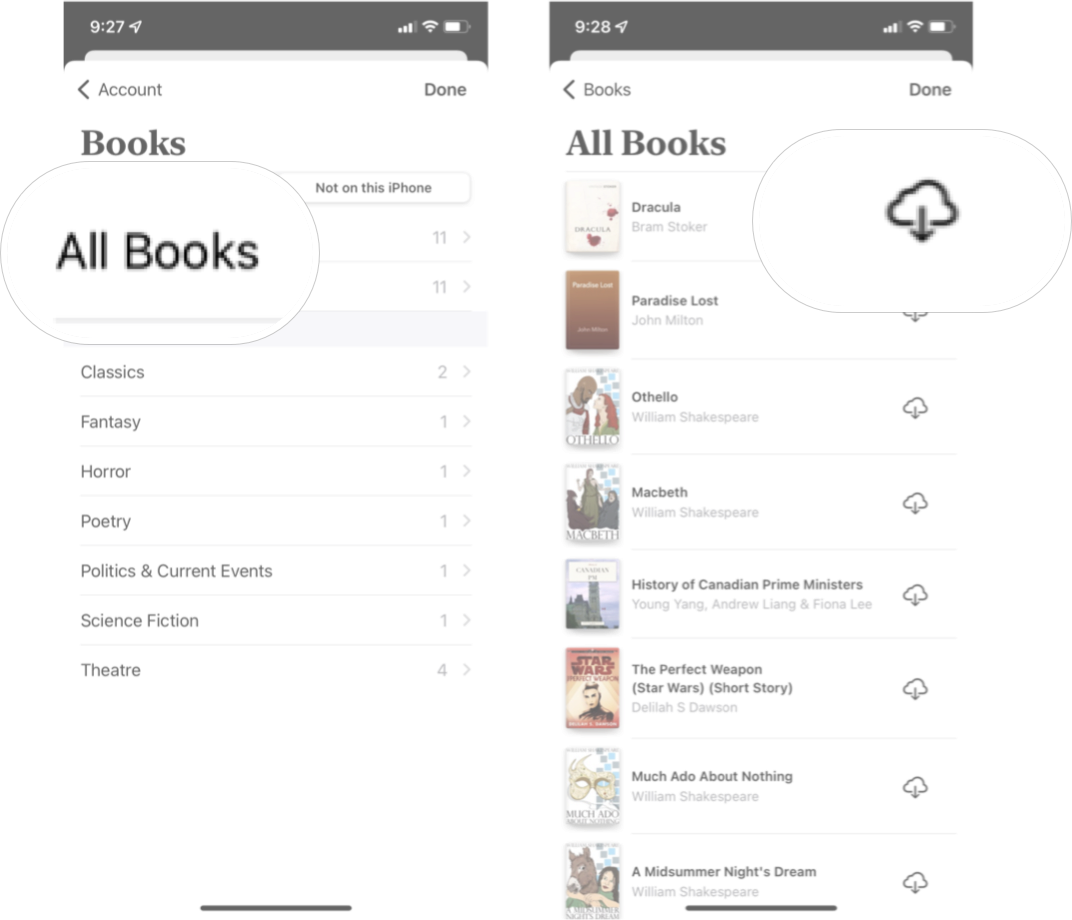 Redownload Books In Books In iOS 15: Tap all books, and then tap the download button next to the book you want. 
