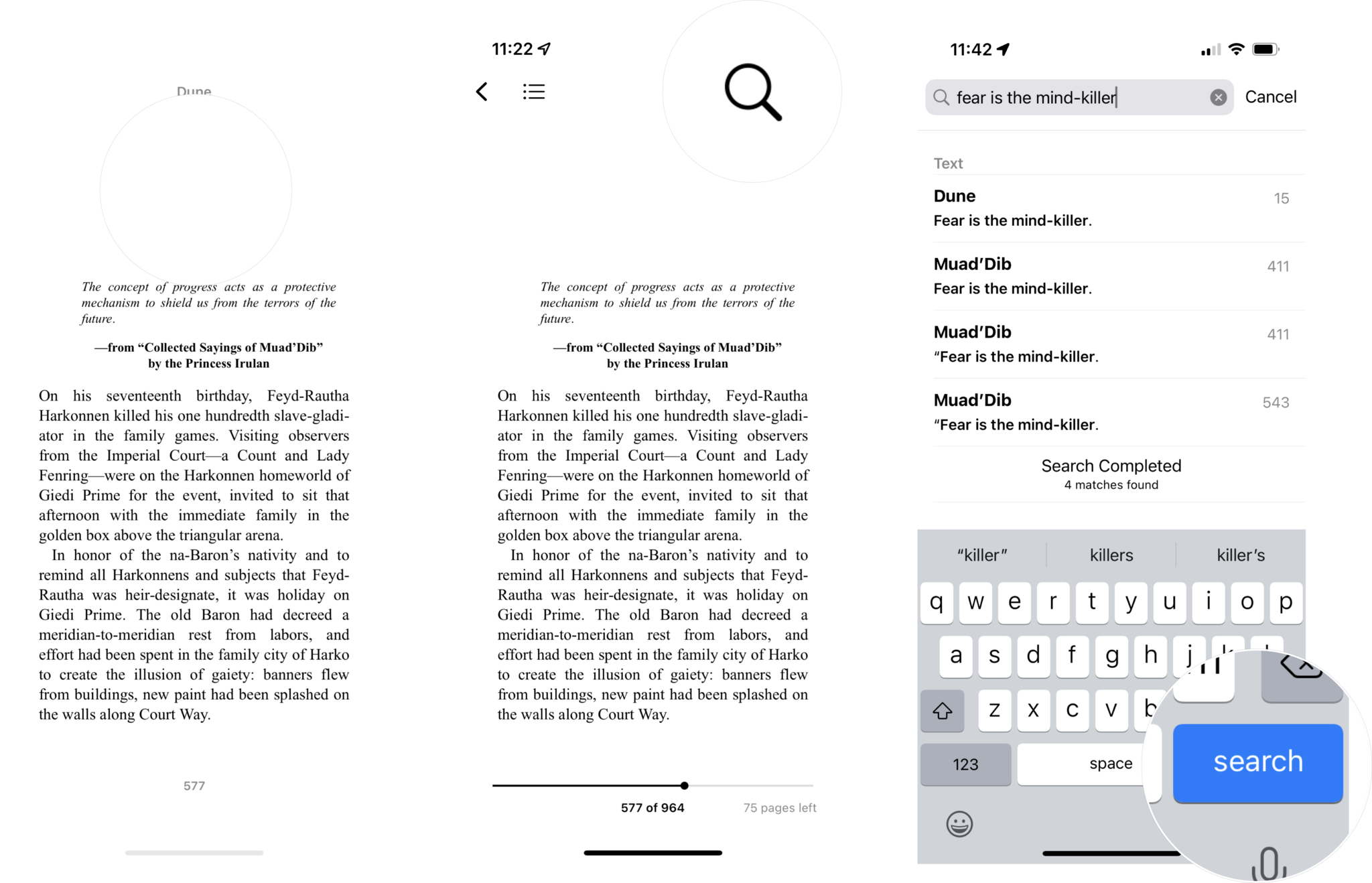 How to find text in a book in Apple Books: tap a blank part of the page to bring up the controls, tap the magnifying glass icon, enter your search text and tap Search