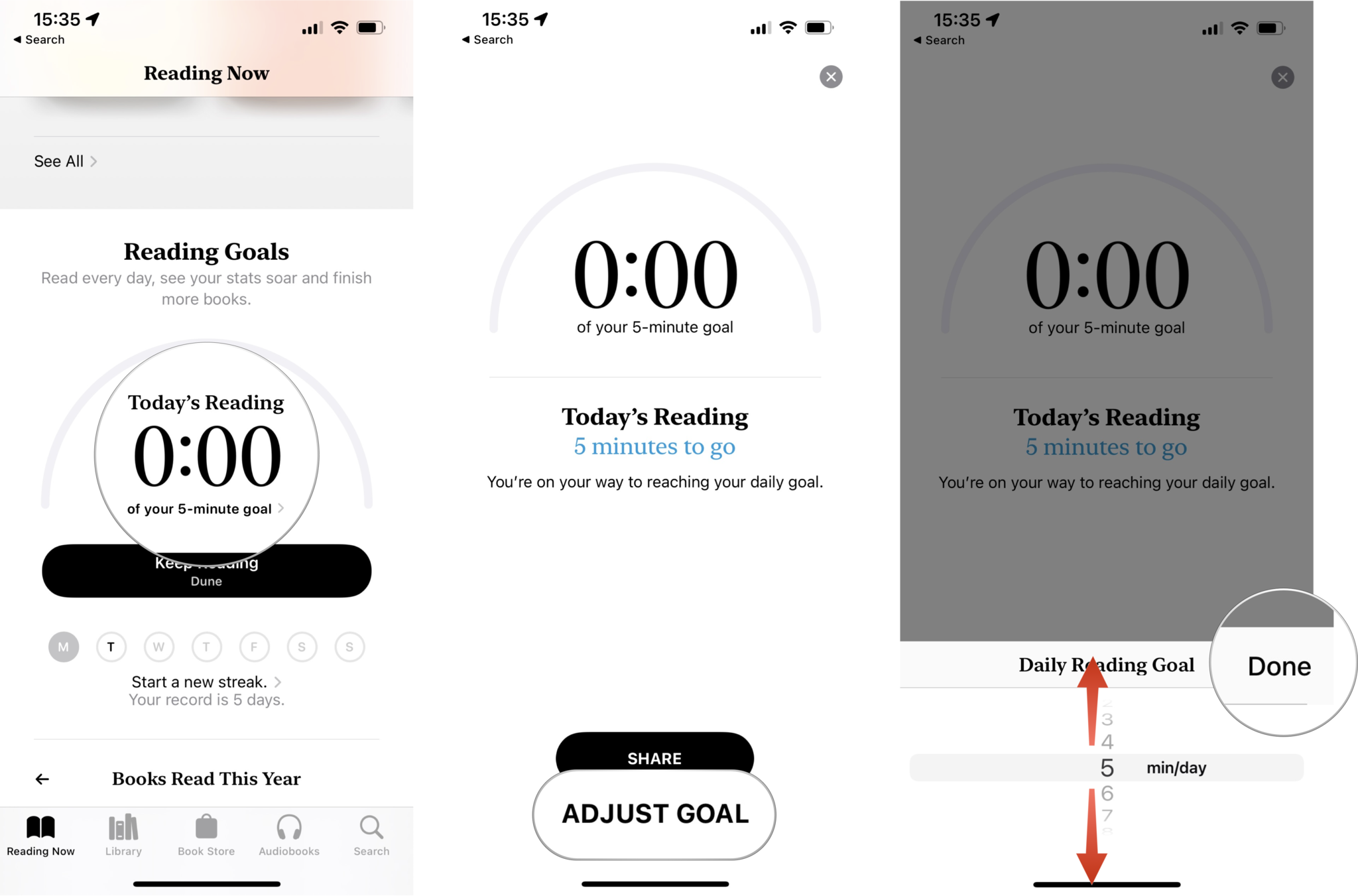 How to set reading goals in Apple Books on iPhone and iPad: Tap Today's Reading, tap Adjust Goal, swipe on the counter to set a reading goal in minutes, tap Done