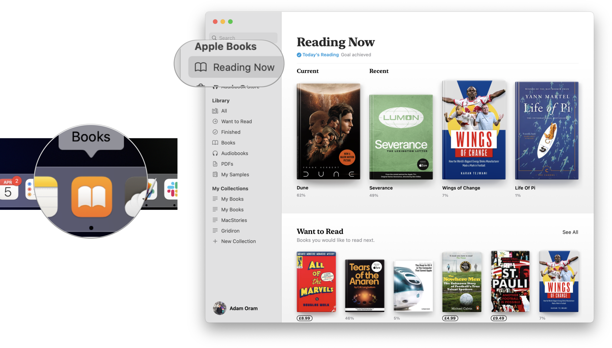 How to set reading goals in Apple Books on Mac: Open Books, click on the Reading Now tab, click on Today's Reading or scroll down
