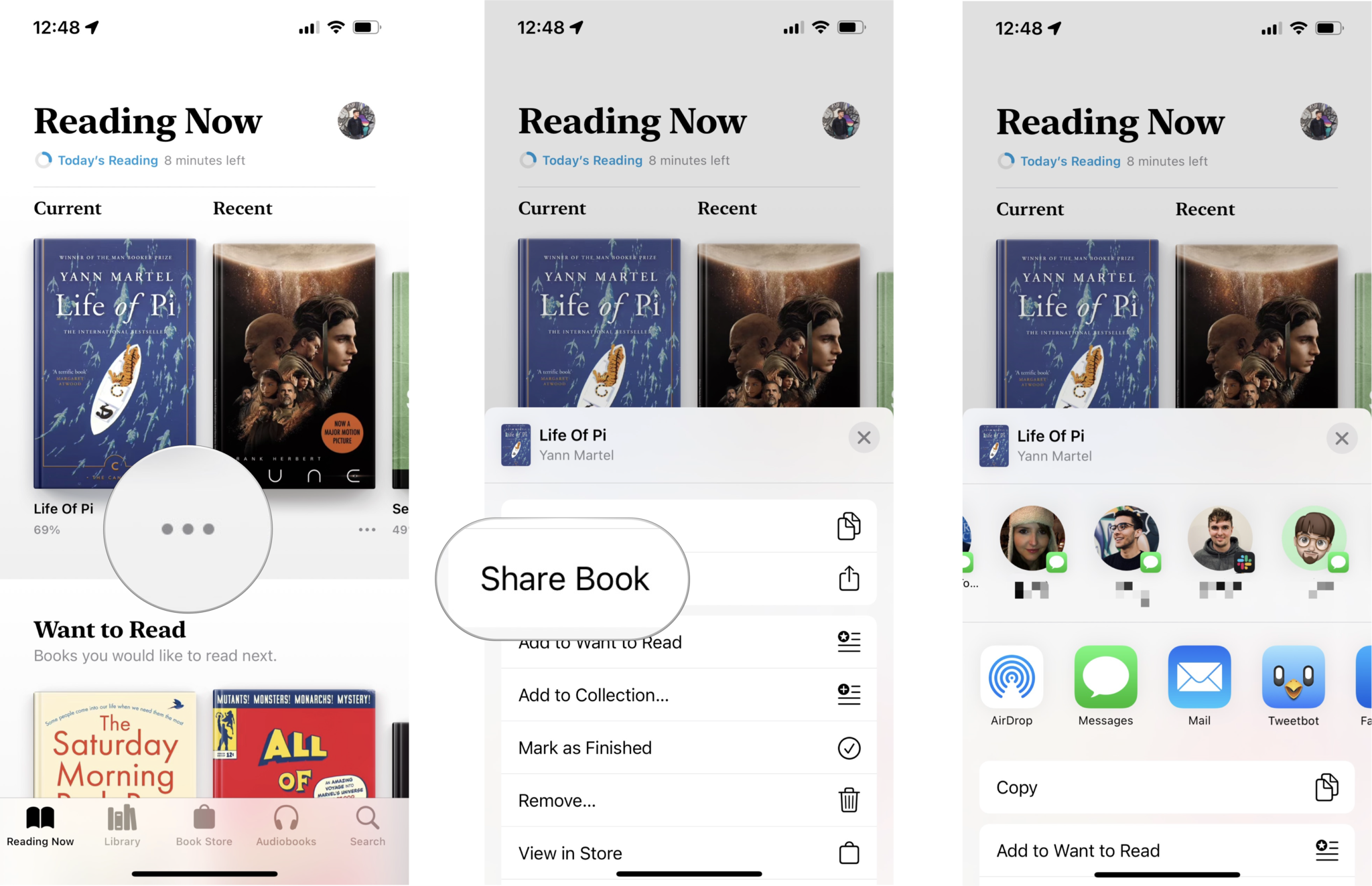 How to share a link to a book in Apple Books: Tap the more button, tap Share Book, tap the recipient or sharing method