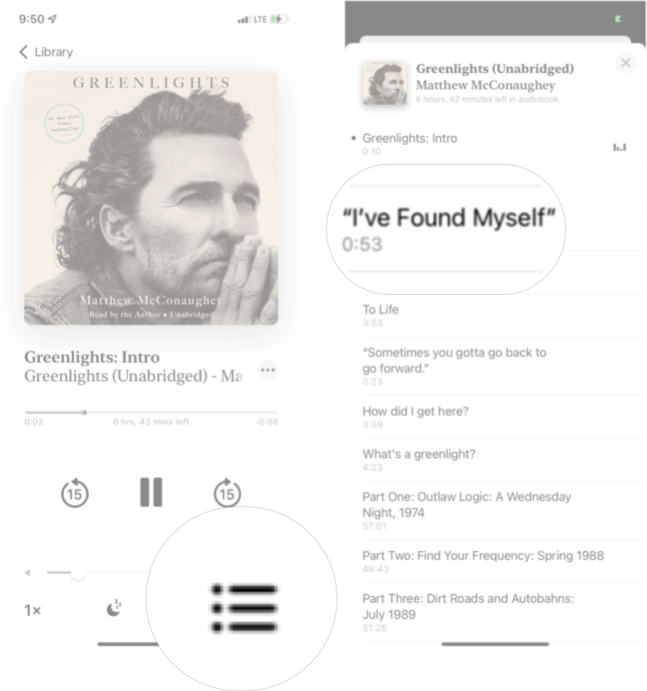 Switching Audiobooks Track In Books In iOS 15: Play audiobook, tap the track button, and then tap the track you want.