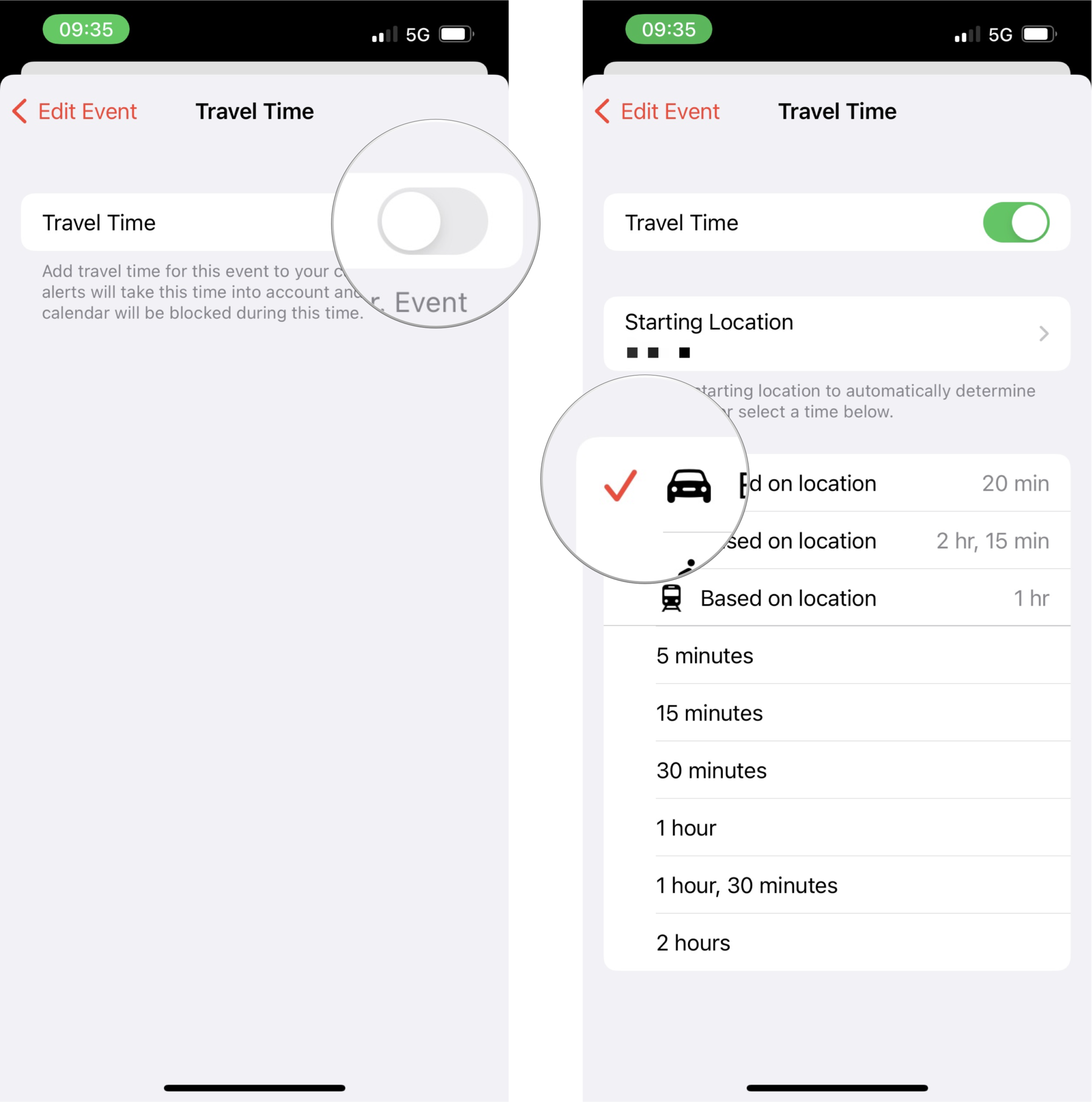 How to get travel times for calender events: Turn Travel Time on, check the starting location is correct, and then tap on Based on location for driving, walking, or transit