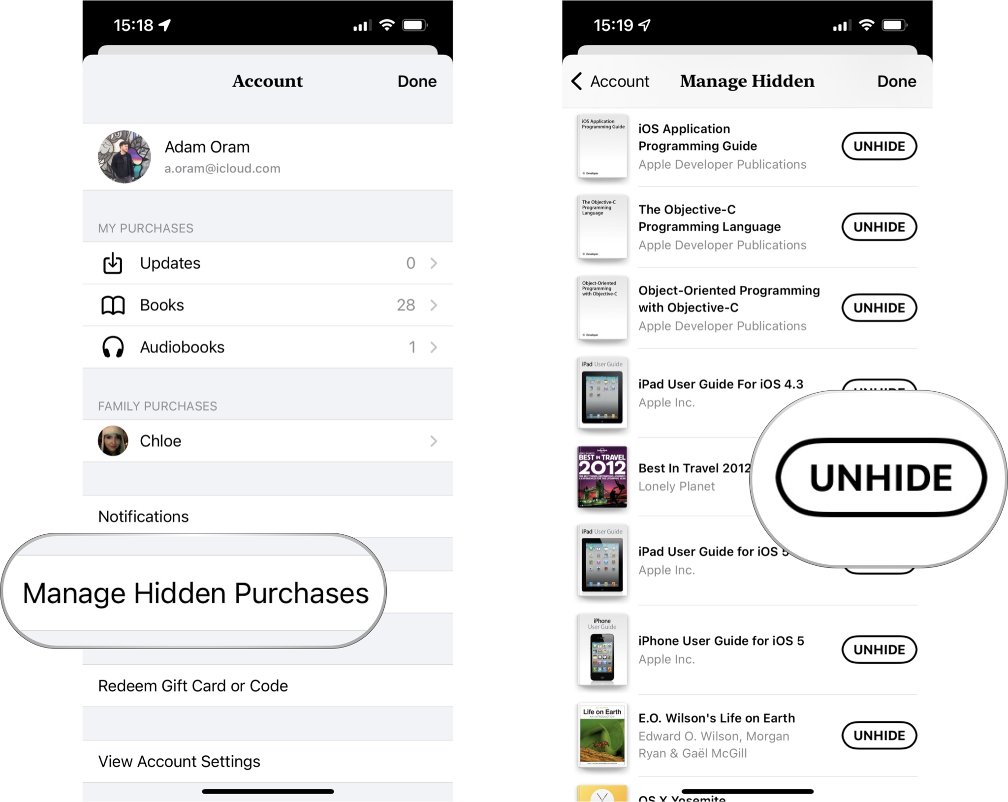 How to unhide a book in Apple Books: Tap on Manage Hidden Purchases, tap Unhide on any book