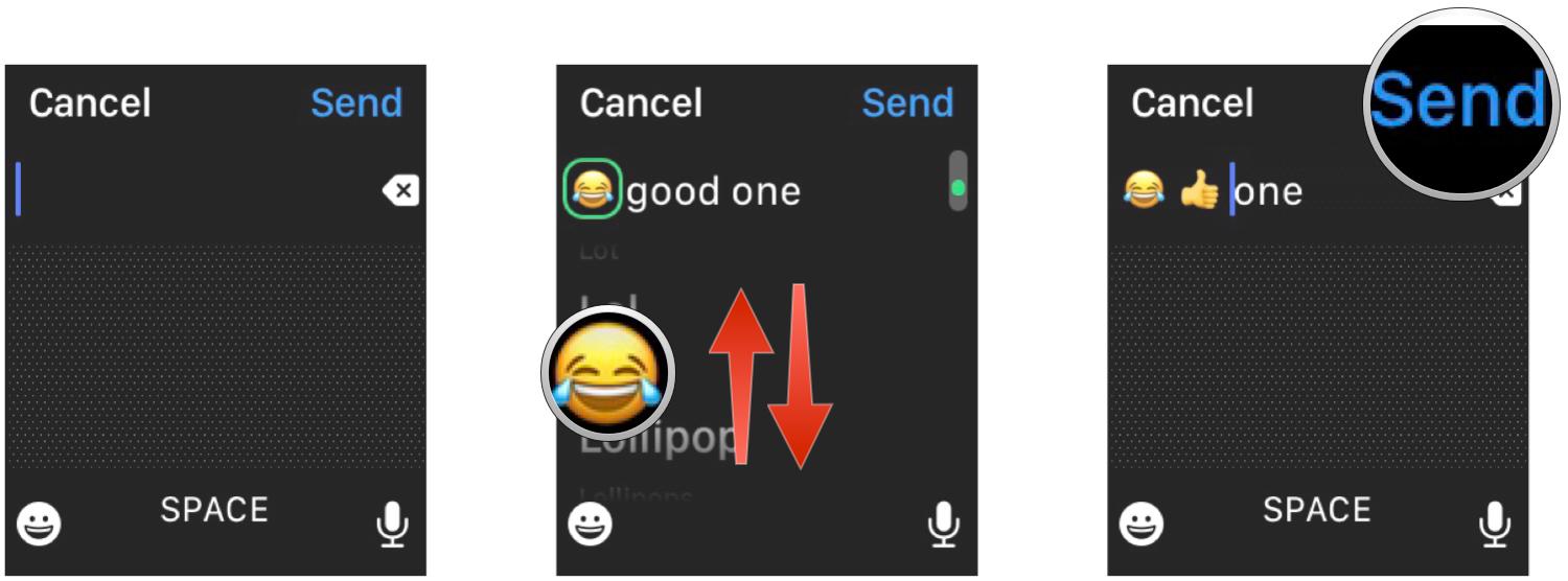 Use Scribble to send emoji on Apple Watch: Write message with finger in area, tap word that translates into emoji, use Digital Crown to go through options and select, then tap Send