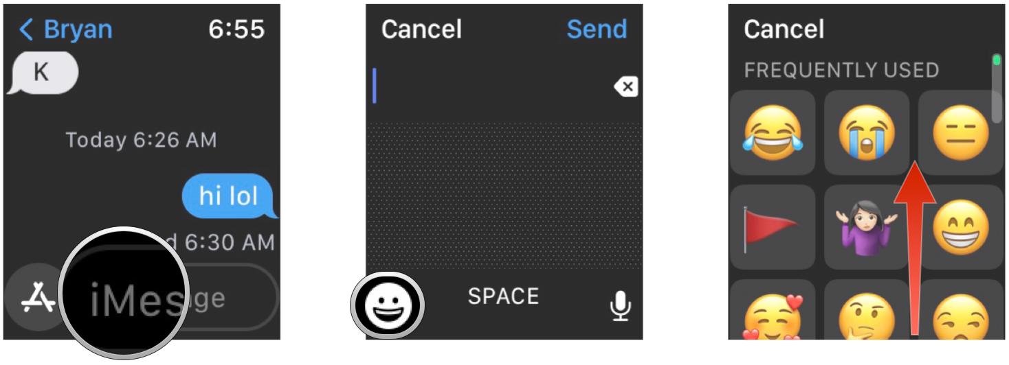 Jump to emoji categories on Apple Watch: Tap message area, tap Emoji button, scroll down
