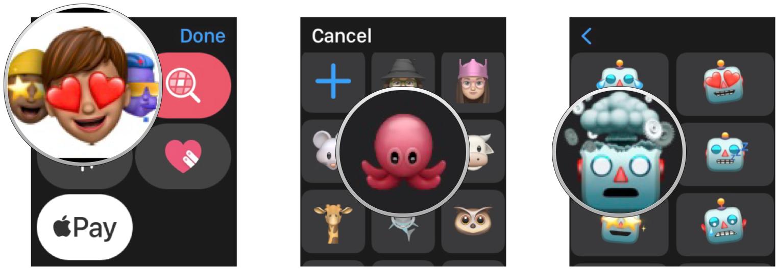 Send Memoji stickers on Apple Watch: Tap Memoji button, select a Memoji sticker, then tap the facial expression for it that you want to use