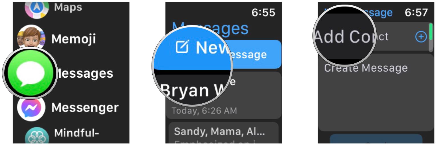Send emoji on Apple Watch: Open Messages, tap existing conversation or tap New Message, tap Add Contact