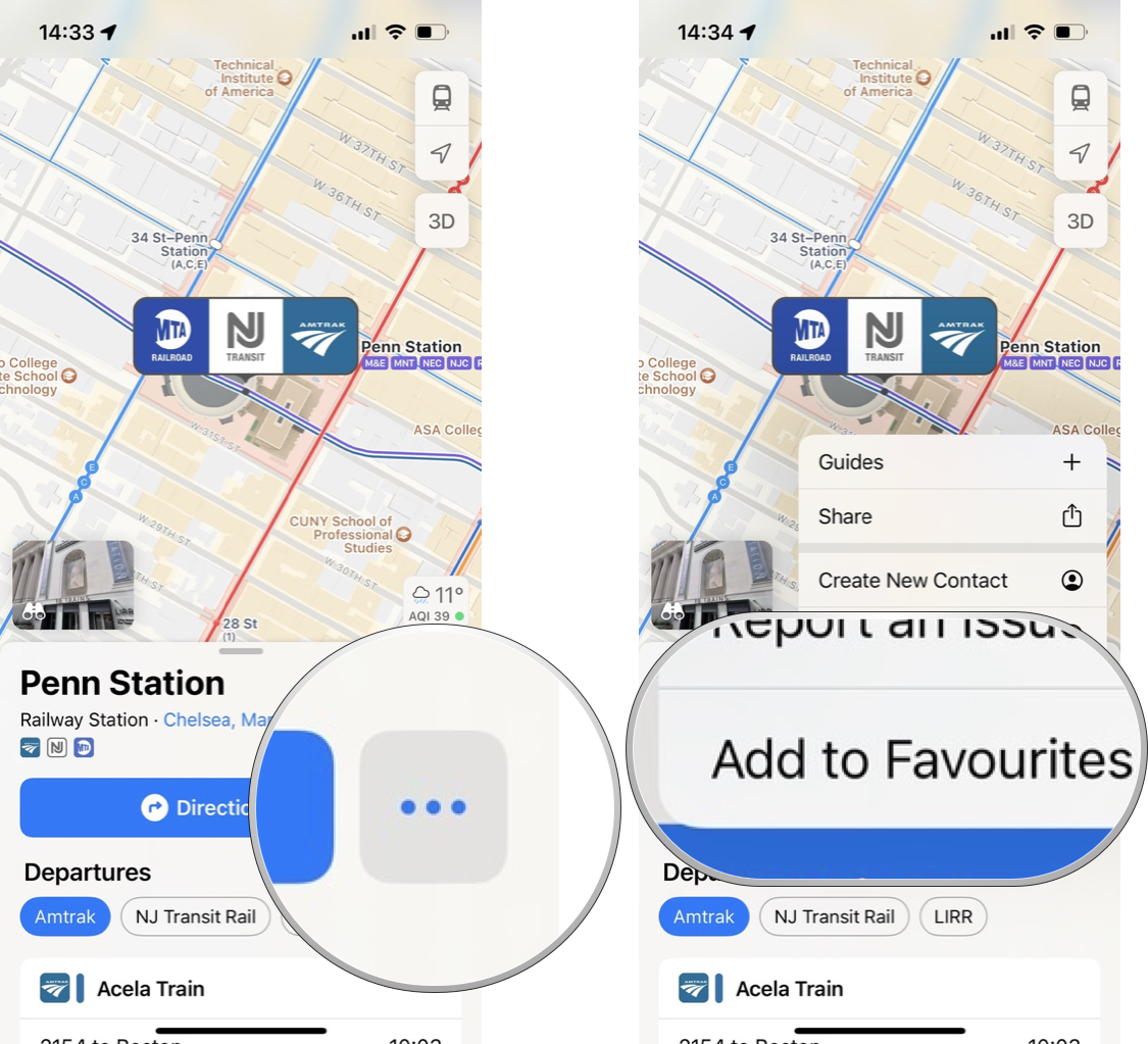 How to add a transit station or stop to your Favorites: Tap on the More button (three dots), tap on Add to Favorites