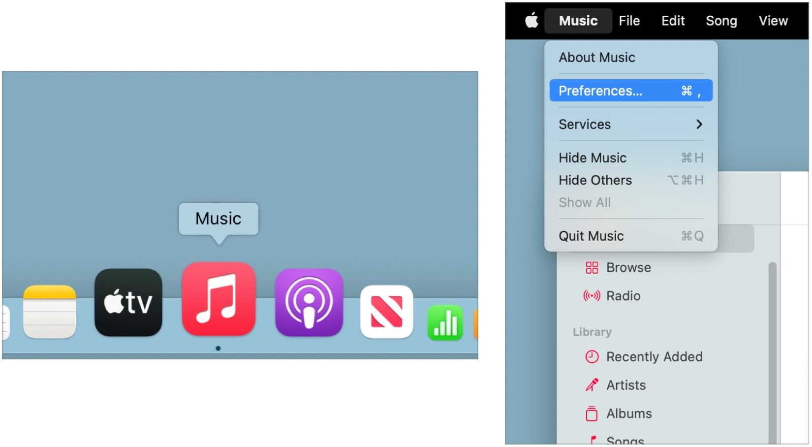 To setup lossless audio on Mac, open the Apple Music app. Choose Music on the toolbar, then select Preferences from the pull-down menu.