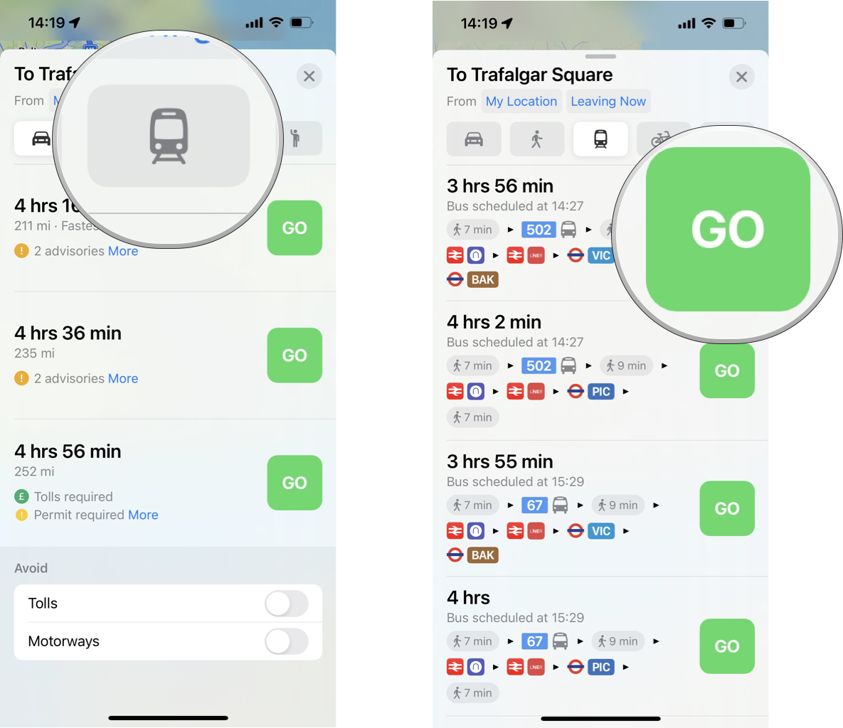 How to get transit directions: Switch to transit directions, tap GO on your selected route.