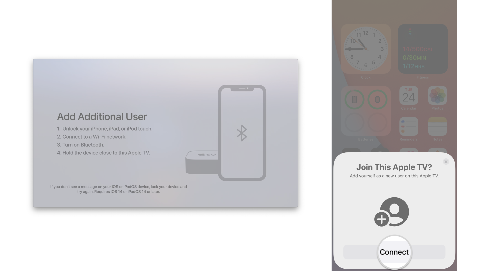 How to add a user on the Apple TV by showing steps: Bring your iPhone near your Apple TV and unlock, Tap Connect