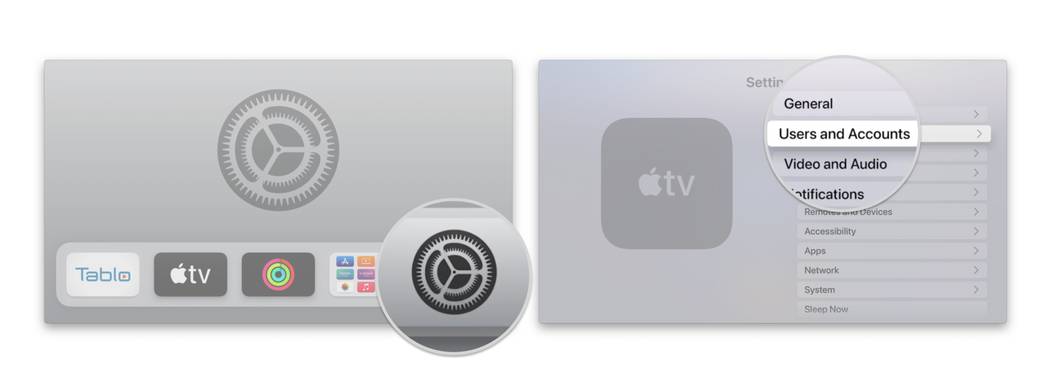 How to add a user on the Apple TV by showing steps: Launch Settings, Click Users and Accounts